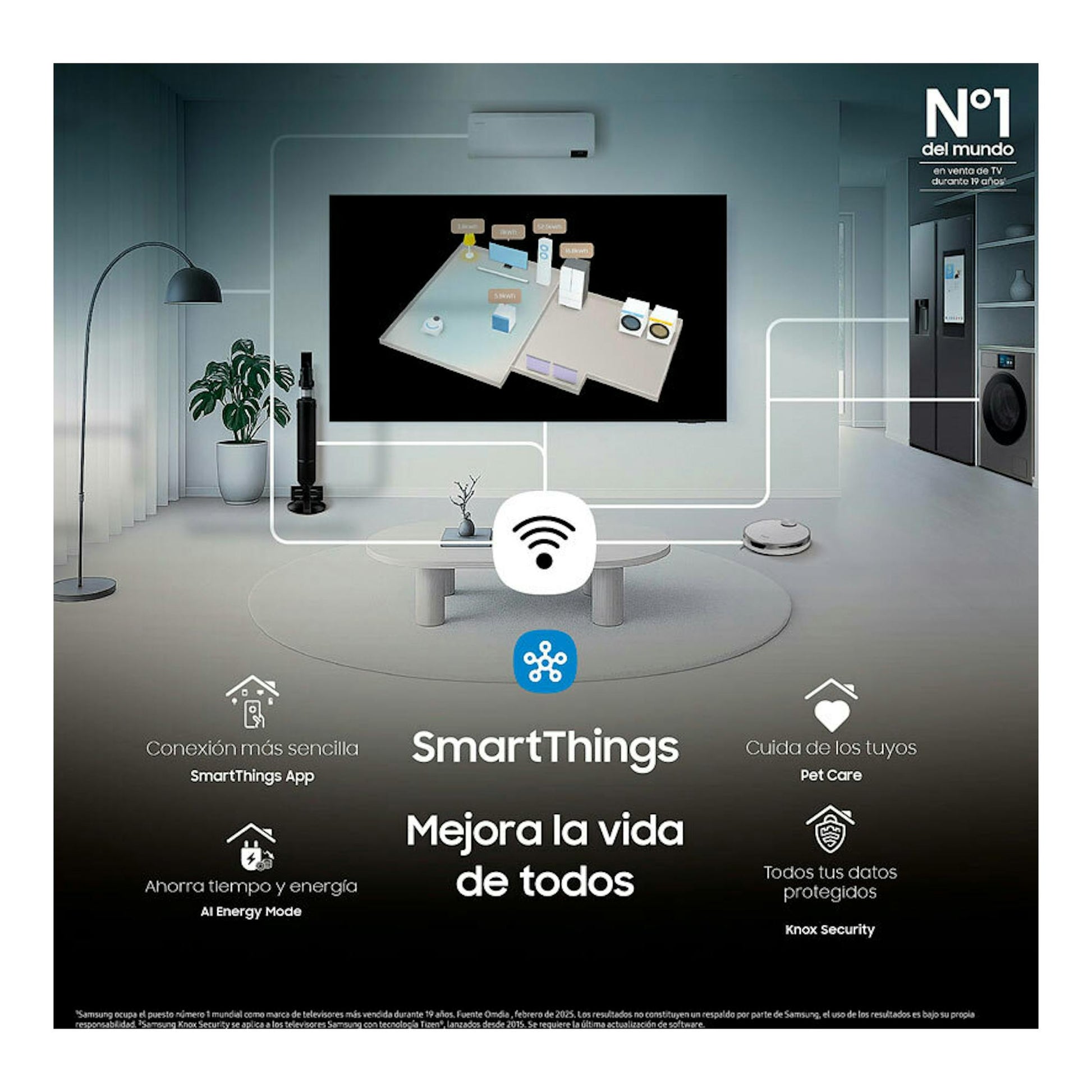 Samsung TQ65Q7FAAUXXC: televisor QLED 4K negro en un salón, con interfaz SmartThings y elementos de hogar conectado.