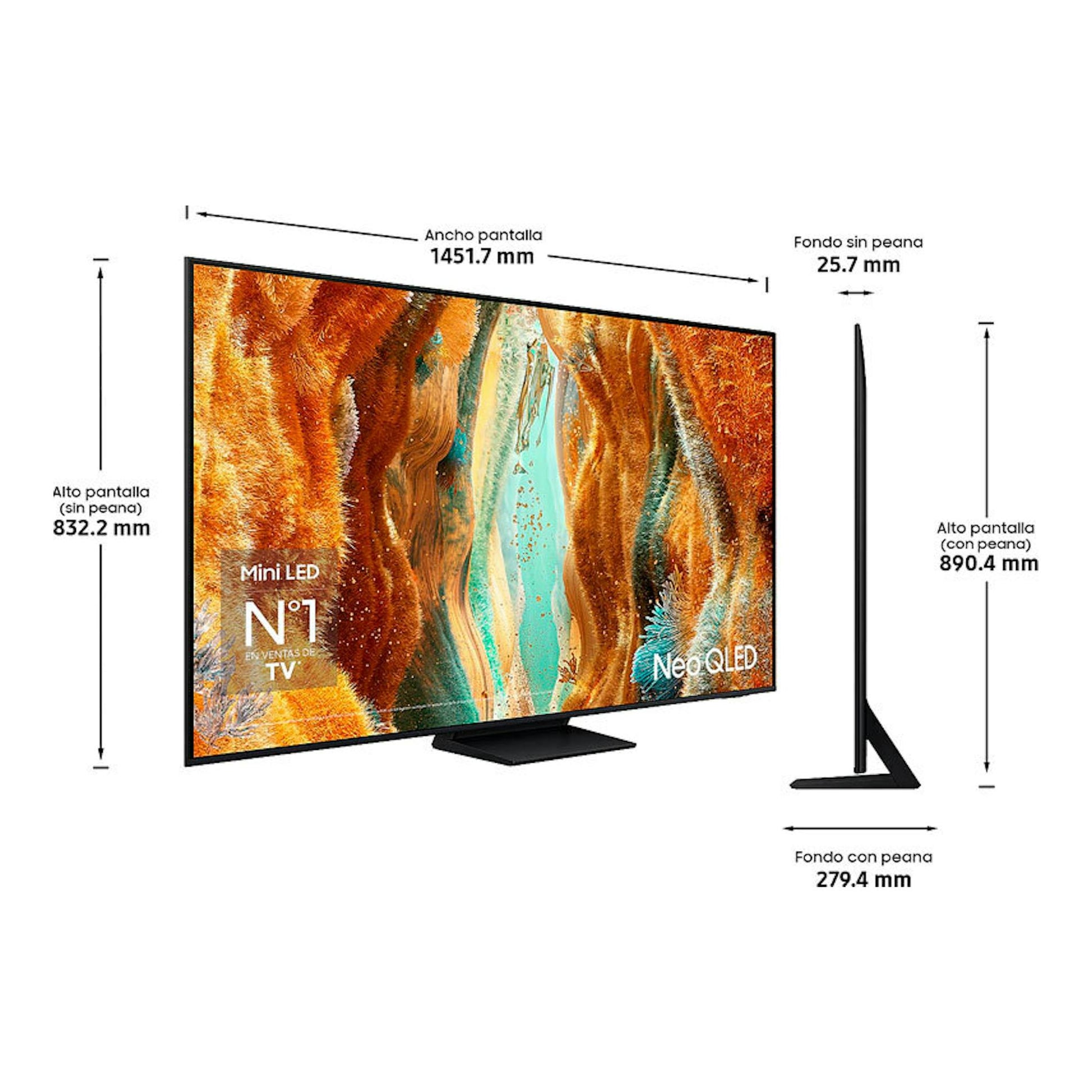 Samsung TQ65QN70FAUXXC NeoQLED 4K de 65", vista frontal y lateral, peana negra.
