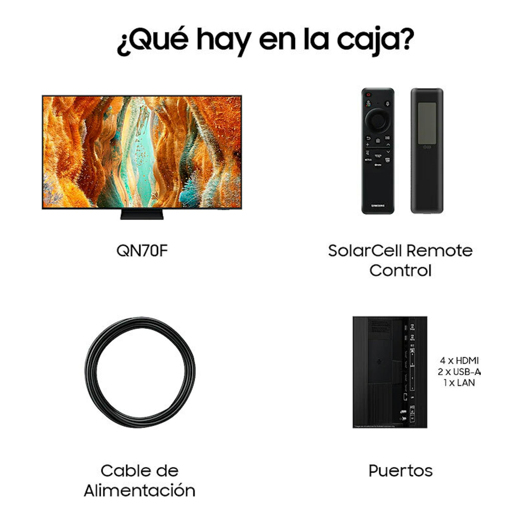 Samsung QN70F Neo QLED 4K 65": televisor, mando SolarCell, cable de alimentación y puertos.