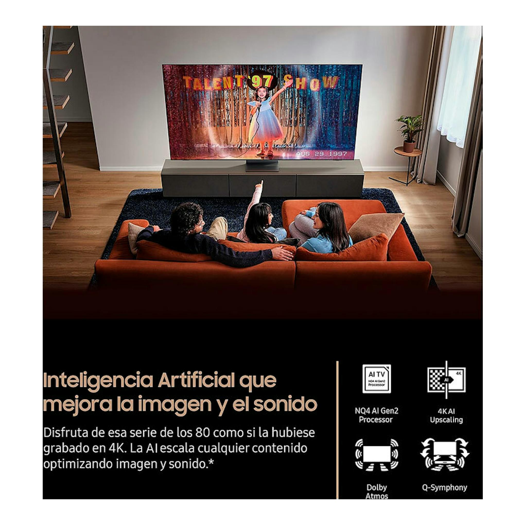 Samsung TQ65QN70FAUXXC Neo QLED 4K de 65 pulgadas, vista frontal en un salón, con una serie en pantalla.