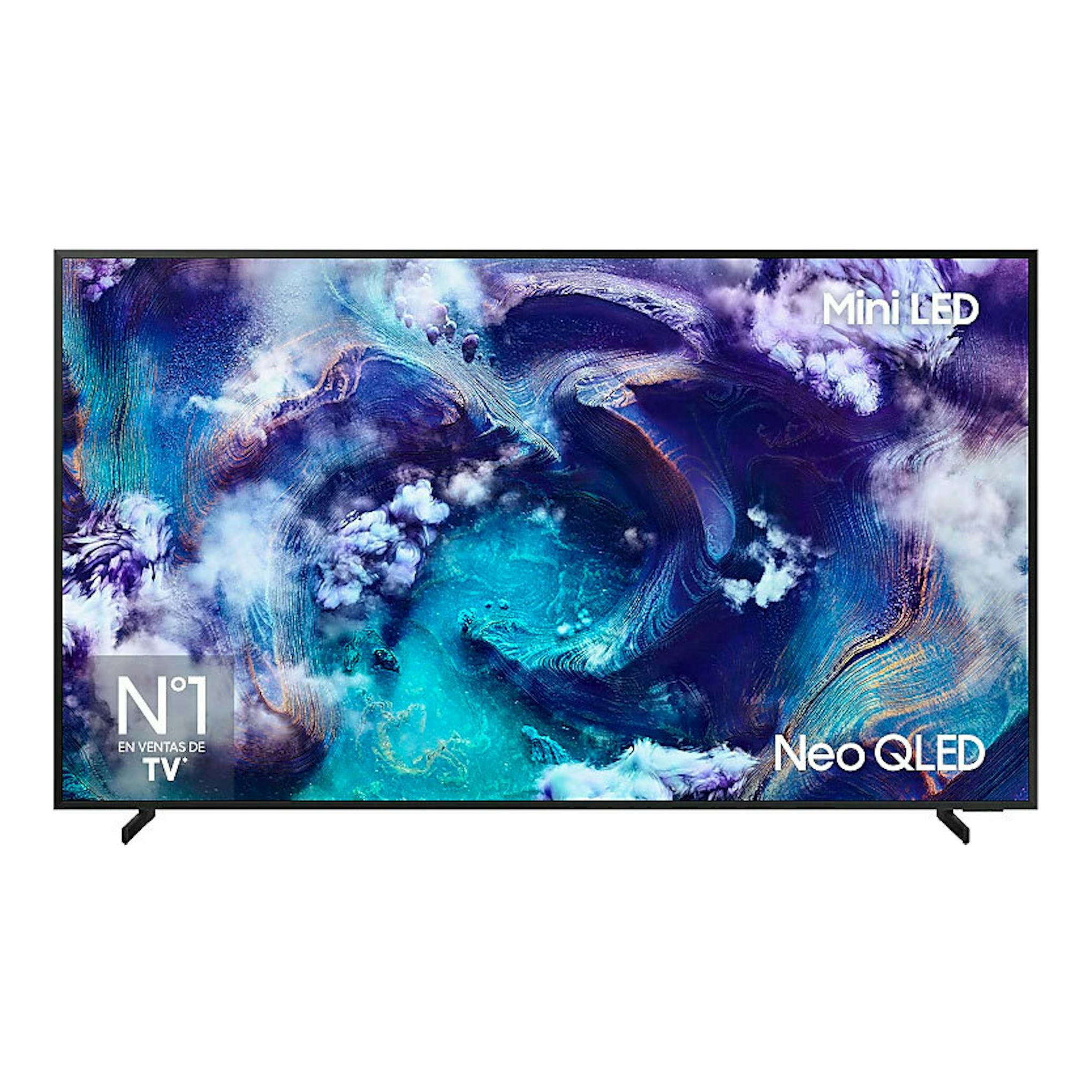 Televisor Samsung TQ65QN900FTXXC Neo QLED 8K, vista frontal, pantalla con imagen abstracta azul y morada.