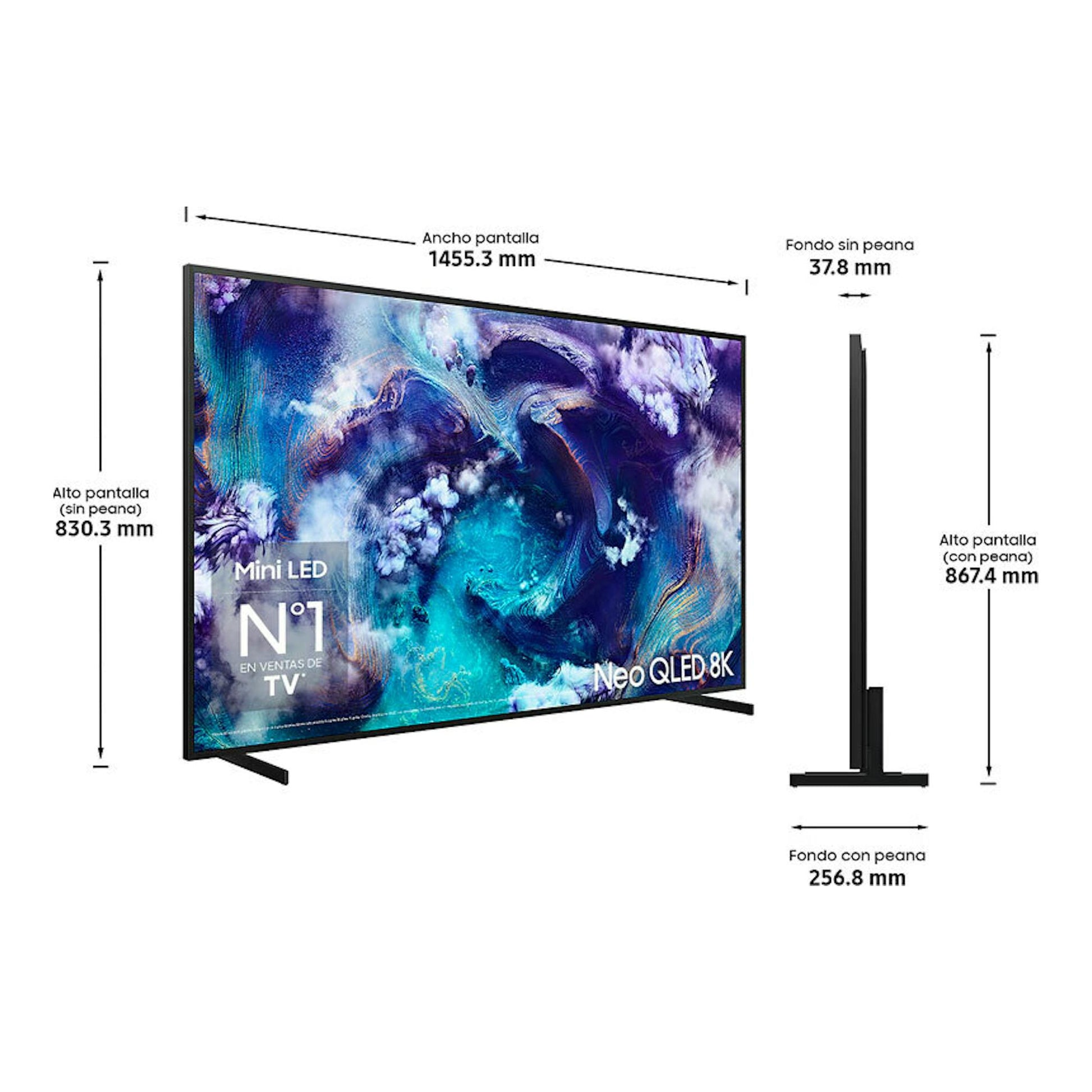 Samsung TQ65QN900FTXXC Neo QLED 8K de 65", vistas frontal y lateral en negro con medidas y peana.