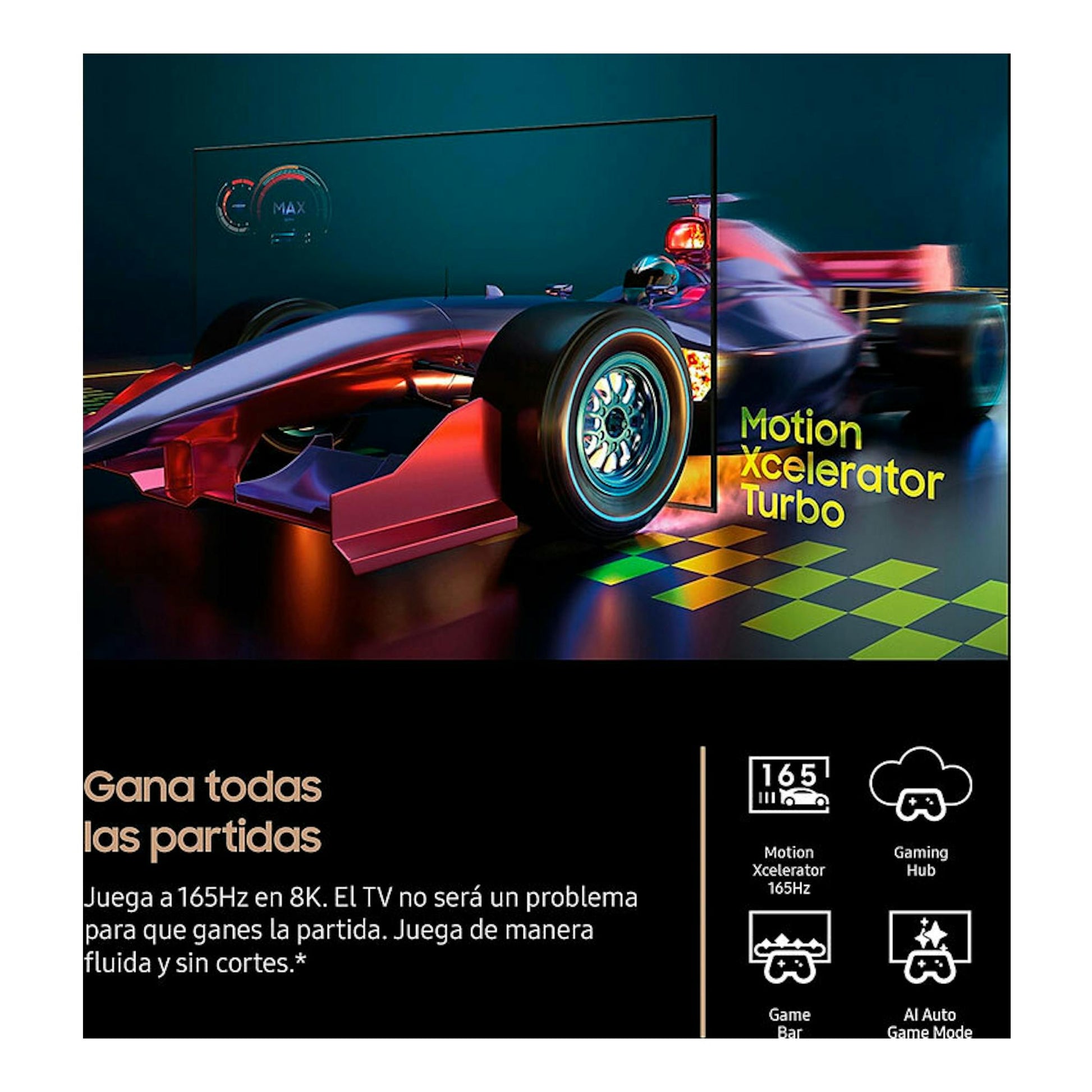 Imagen promocional de TV Samsung TQ65QN900FTXXC Neo QLED 8K de 65 pulgadas con coche de Fórmula 1 y texto gaming.
