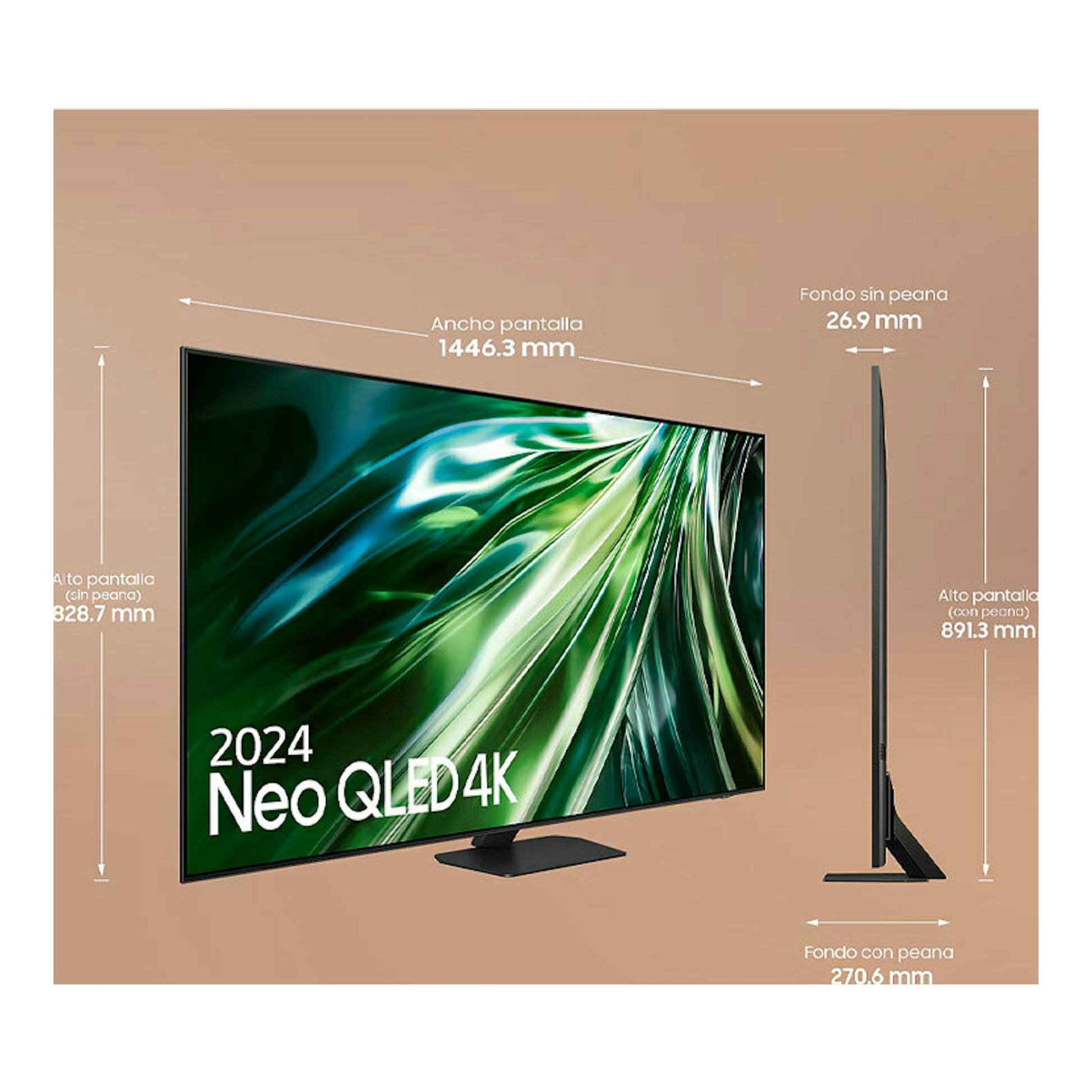 TV Samsung TQ65QN90DATXXC Neo QLED 4K 65”, vista frontal y lateral, con peana, fondo beige.