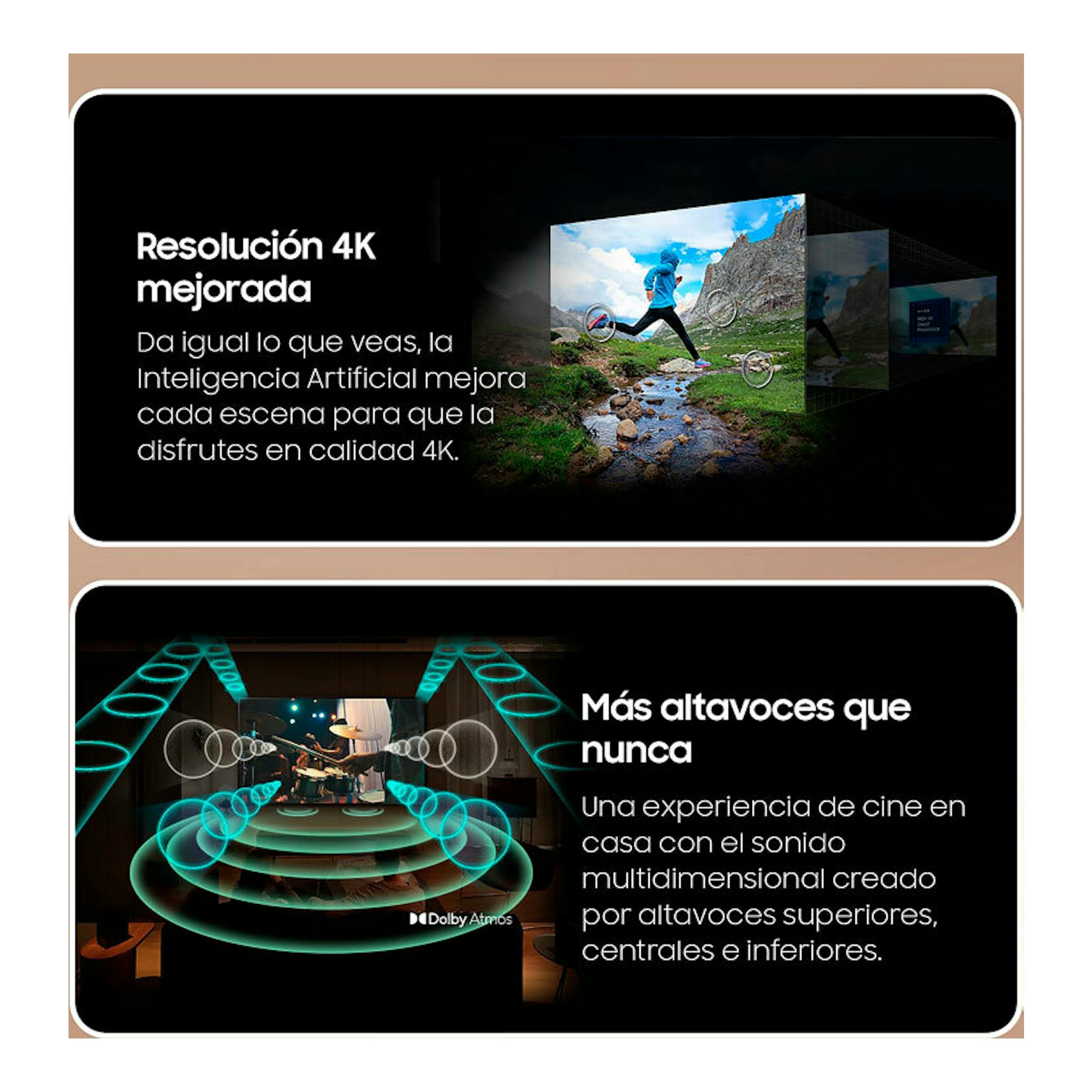 Infografía de TV Samsung Neo QLED 4K 65", con dos paneles negros sobre mejora 4K y sonido Dolby Atmos.