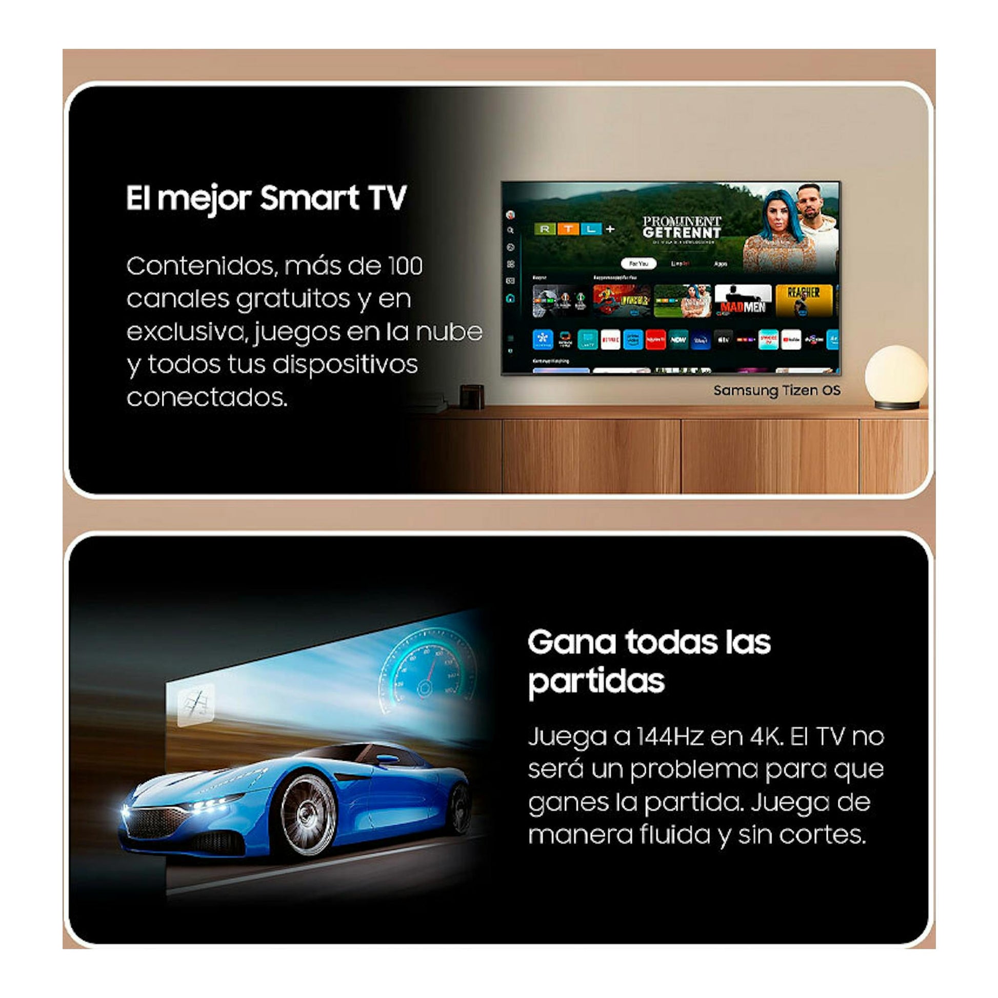 Imagen promocional de Samsung TQ65QN90DATXXC Neo QLED 4K 65", con TV sobre mueble y coche azul.