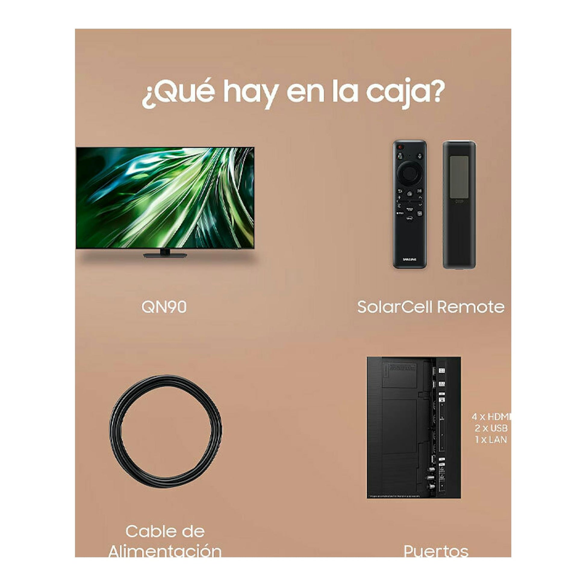 Samsung QN90: TV, mando SolarCell, cable de alimentación y puertos HDMI, USB y LAN.