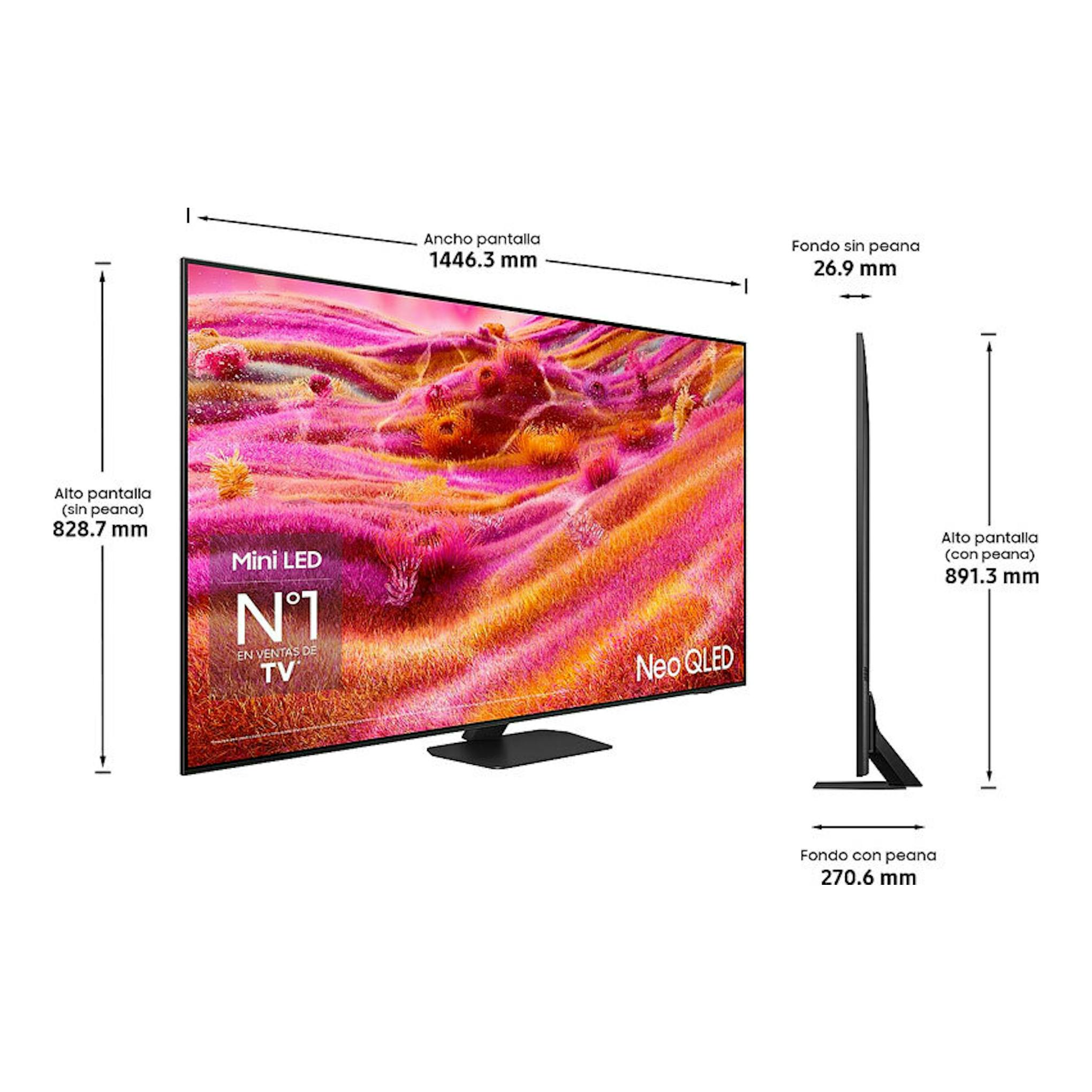 TV Samsung TQ65QN90FATXXC Neo QLED 4K de 65", vista frontal y lateral en negro con medidas.
