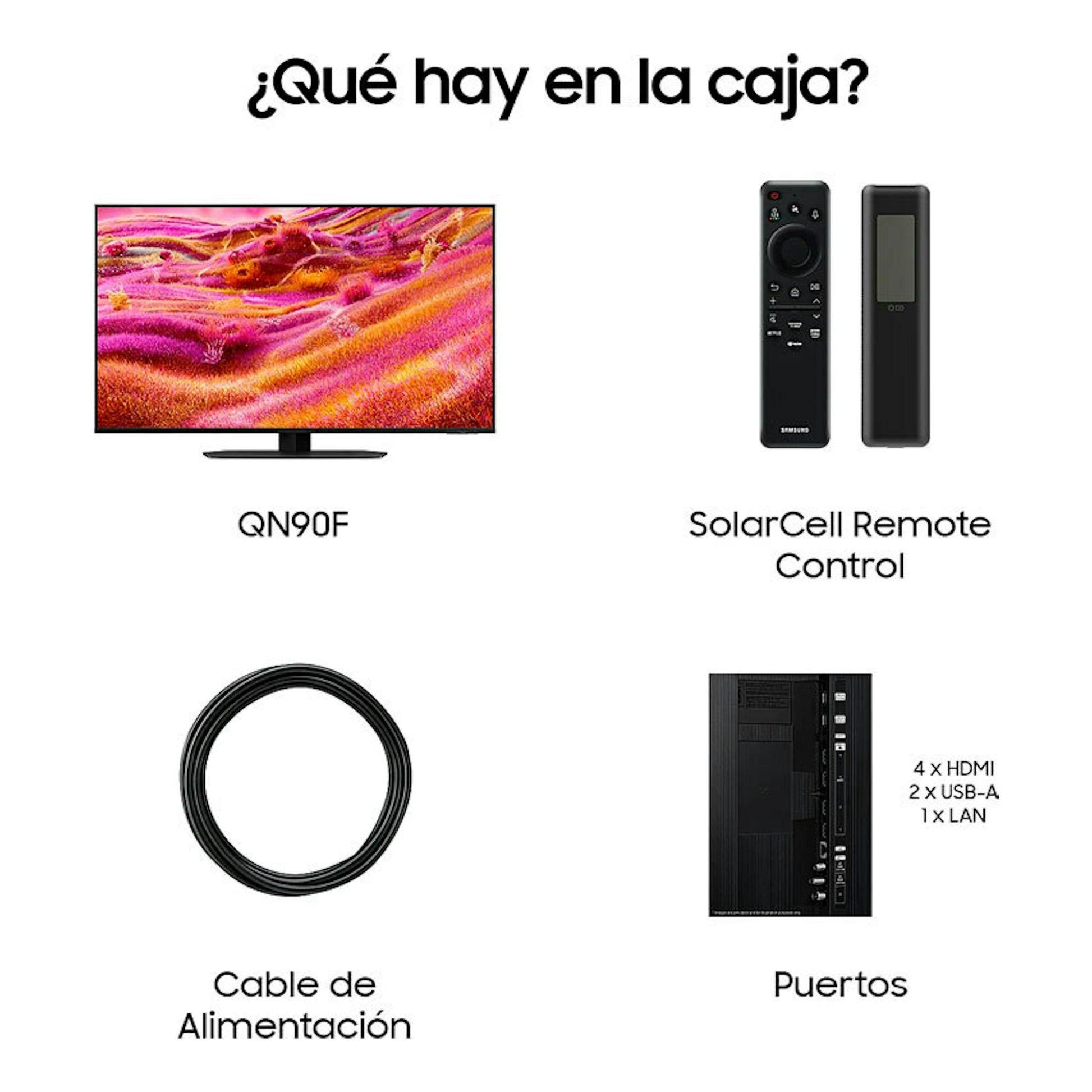 Infografía de Samsung QN90F con TV frontal, mando SolarCell, cable de alimentación y puertos.
