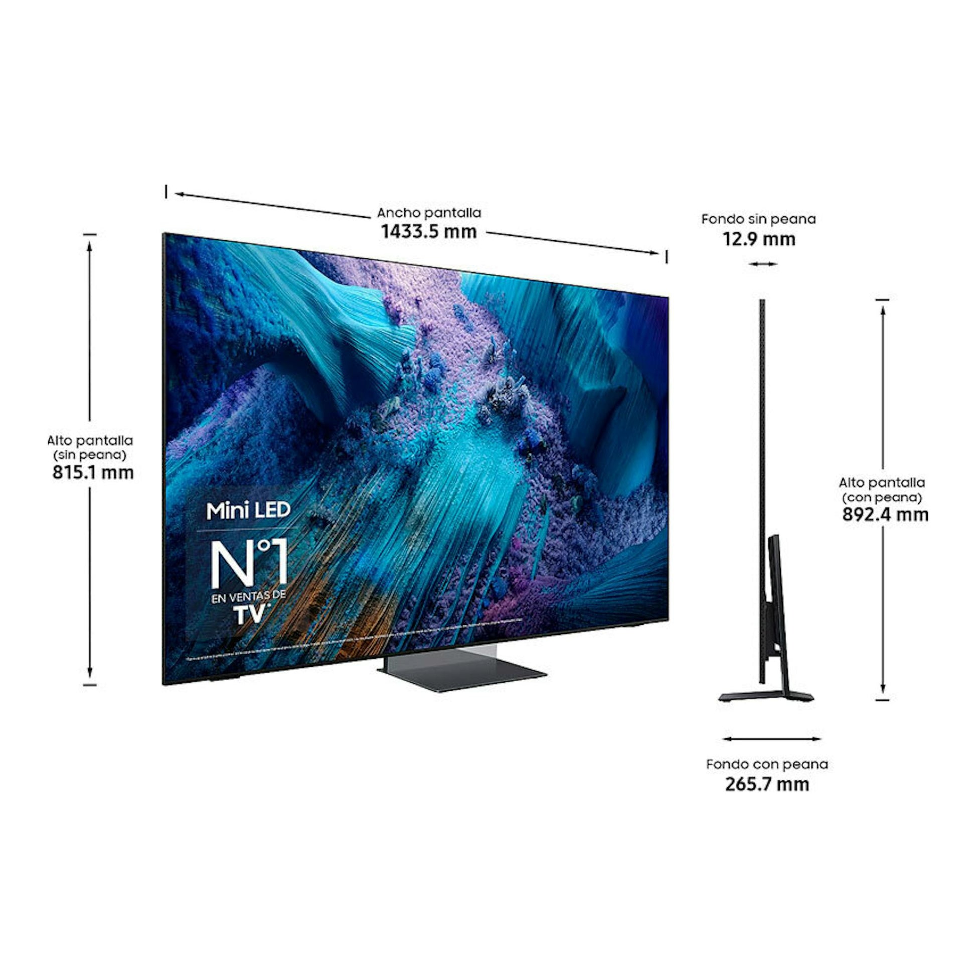 Samsung TQ65QN990FTXXC Neo QLED 8K 65", vista frontal y lateral, con medidas y pantalla azul.