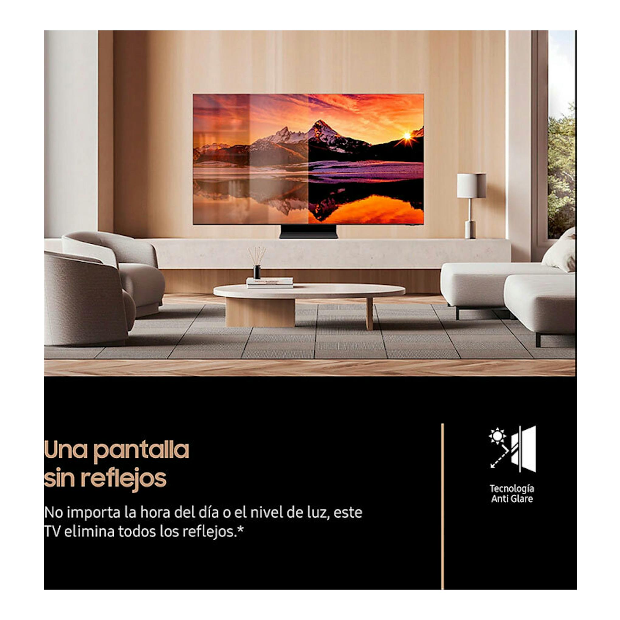 TV Samsung TQ65QN990FTXXC NeoQLED 8K de 65 pulgadas, vista frontal en salón moderno, con paisaje en pantalla.