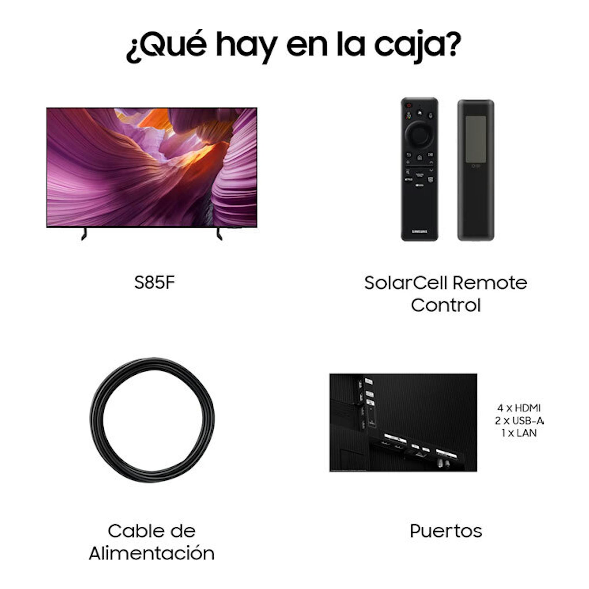 Infografía de Samsung S85F con TV vista frontal, mando SolarCell, cable de alimentación y puertos HDMI, USB-A y LAN.