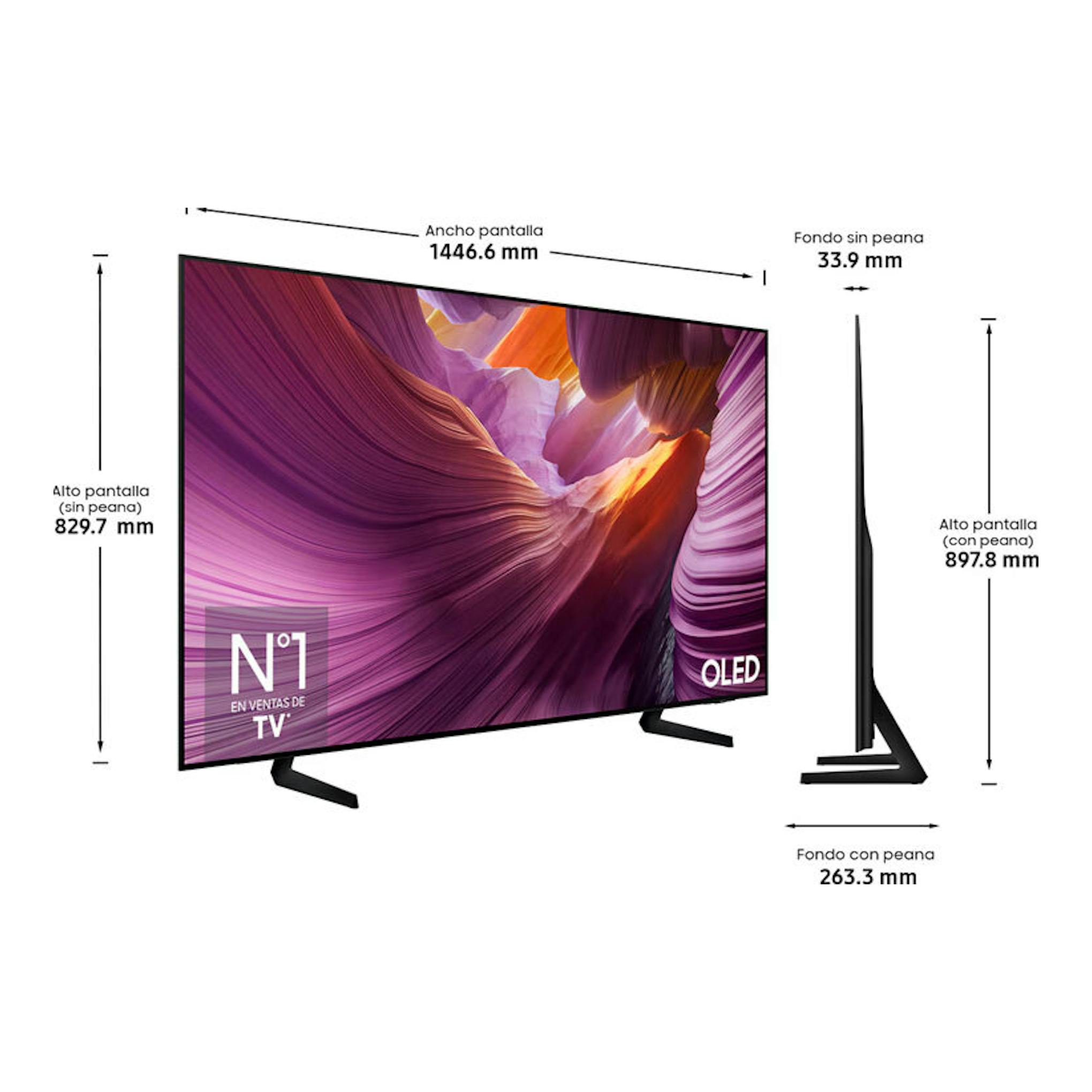 Samsung TQ65S85FAEXXC, TV OLED 4K de 65" en vista frontal y lateral, negra, con medidas.