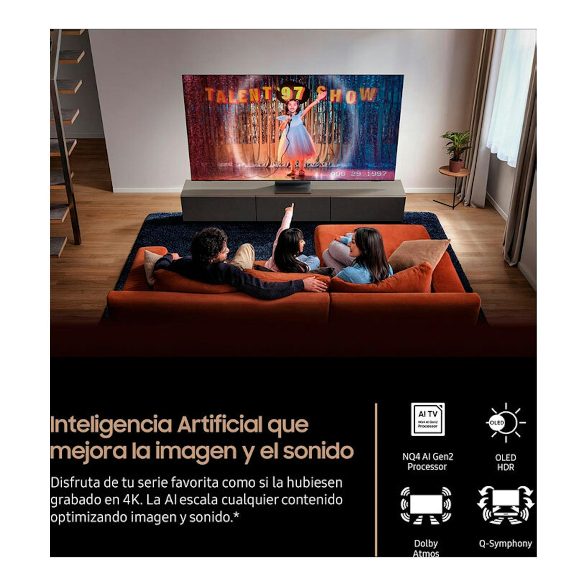Samsung TQ65S85FAEXXC OLED 4K de 65 pulgadas, vista frontal en salón con familia viendo TV y textos promocionales.