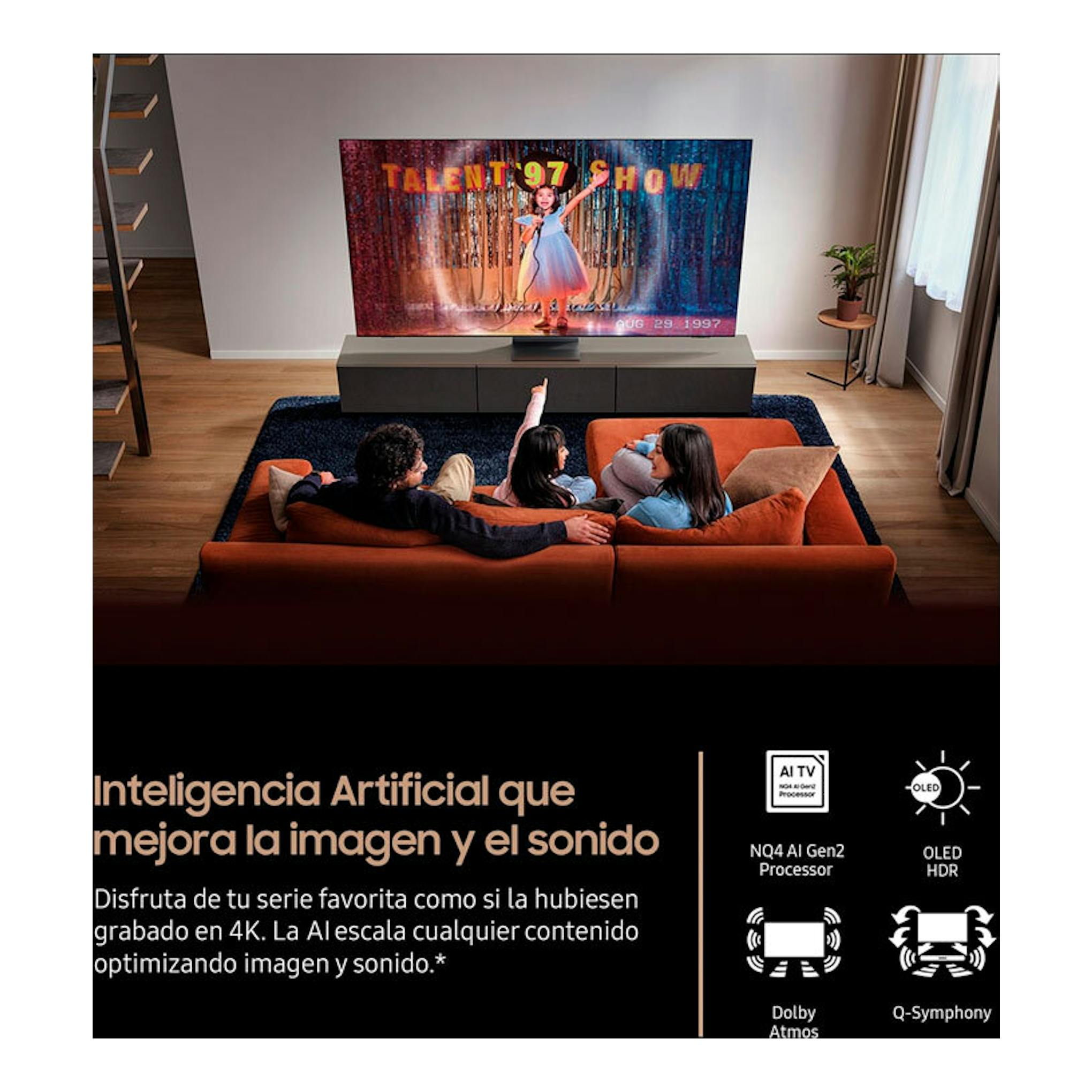 Samsung TQ65S85FAEXXC OLED 4K de 65 pulgadas, vista frontal en salón con familia viendo TV y textos promocionales.