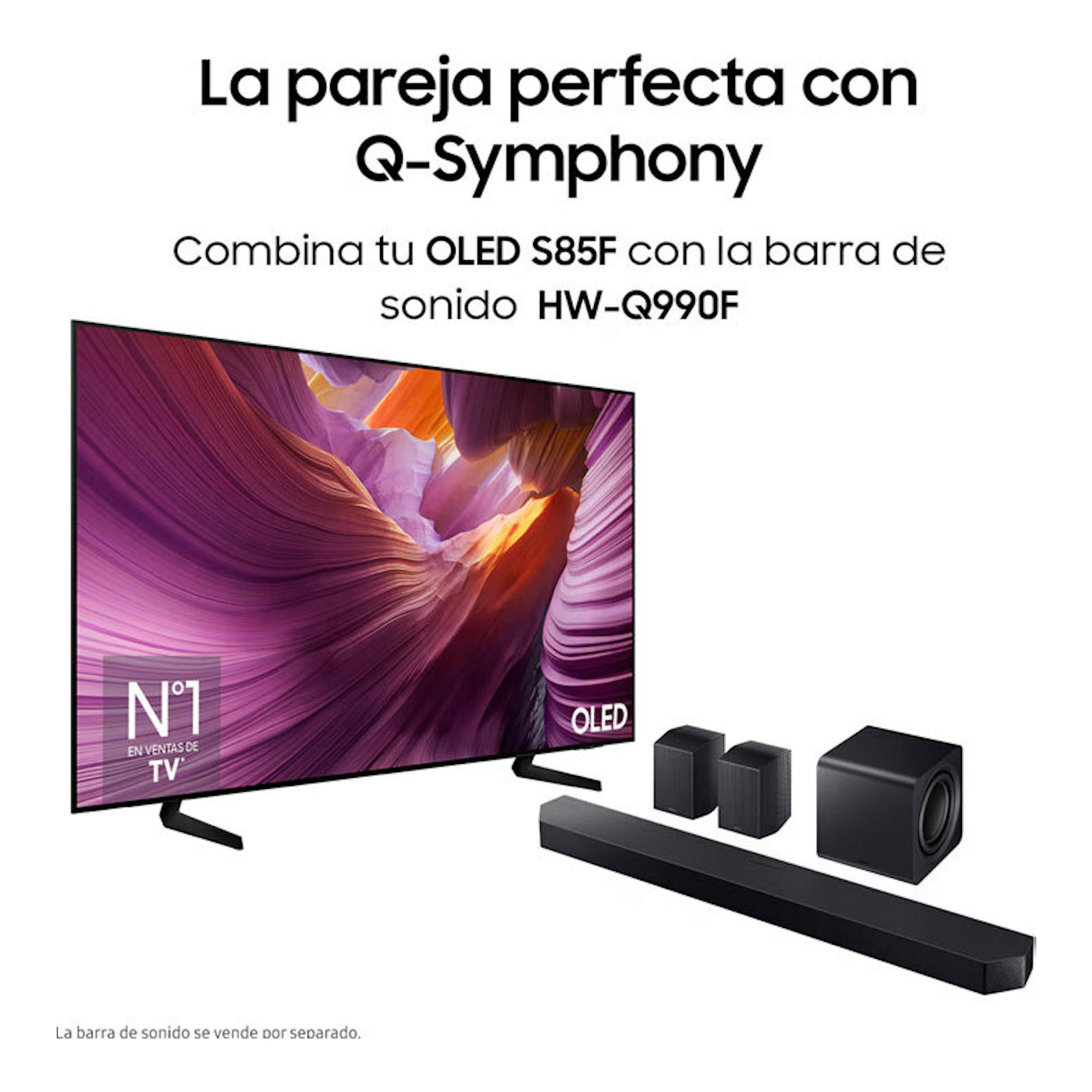Samsung OLED S85F de 65 pulgadas, vista frontal inclinada, junto a barra de sonido HW-Q990F.
