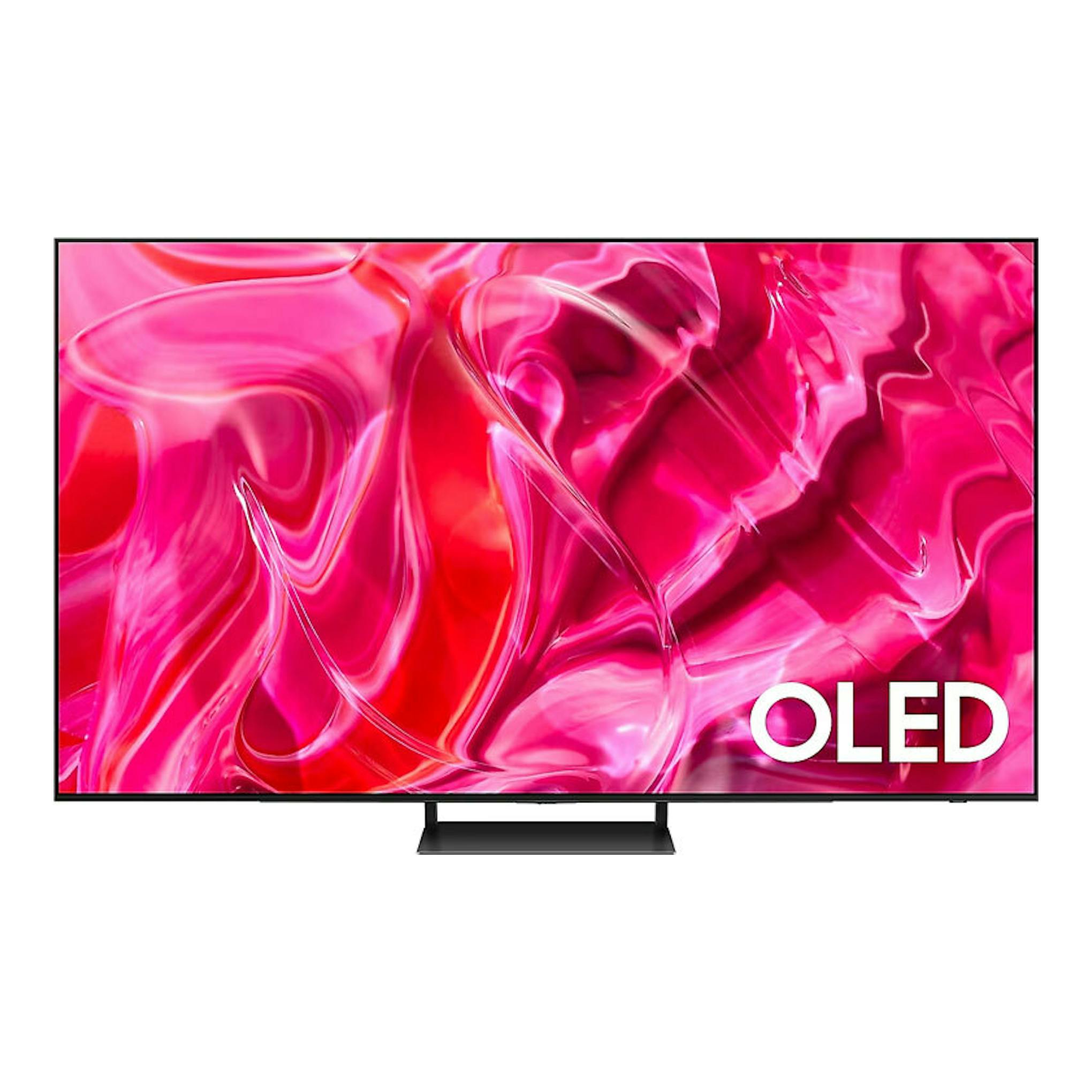 Televisor Samsung TQ65S90CATXXC OLED negro, vista frontal, con soporte central y pantalla rosa.