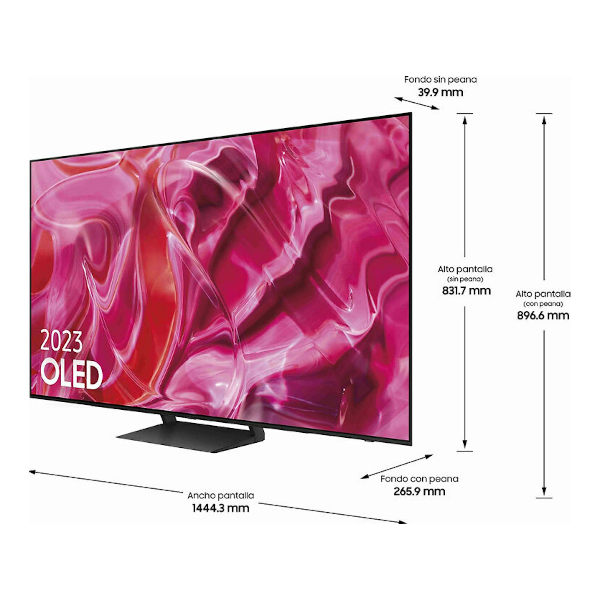 Samsung TQ65S90CATXXC, televisor negro en vista frontal inclinada, pantalla rosa y medidas del panel.