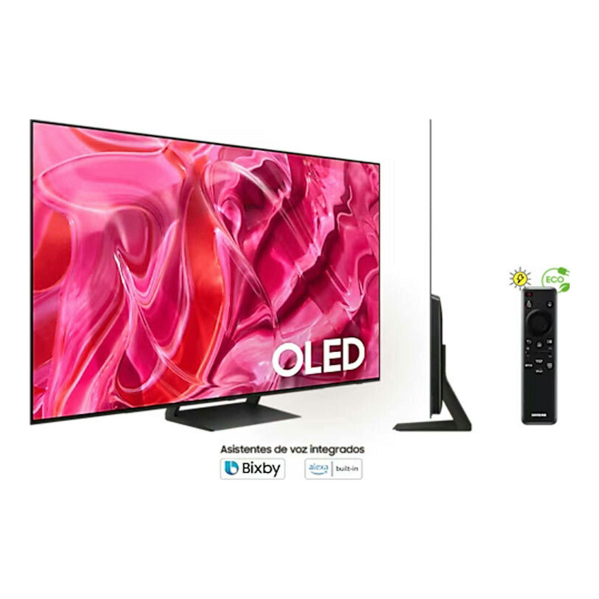 TV Samsung TQ65S90CATXXC OLED 65", vista frontal y lateral, con mando a distancia negro.