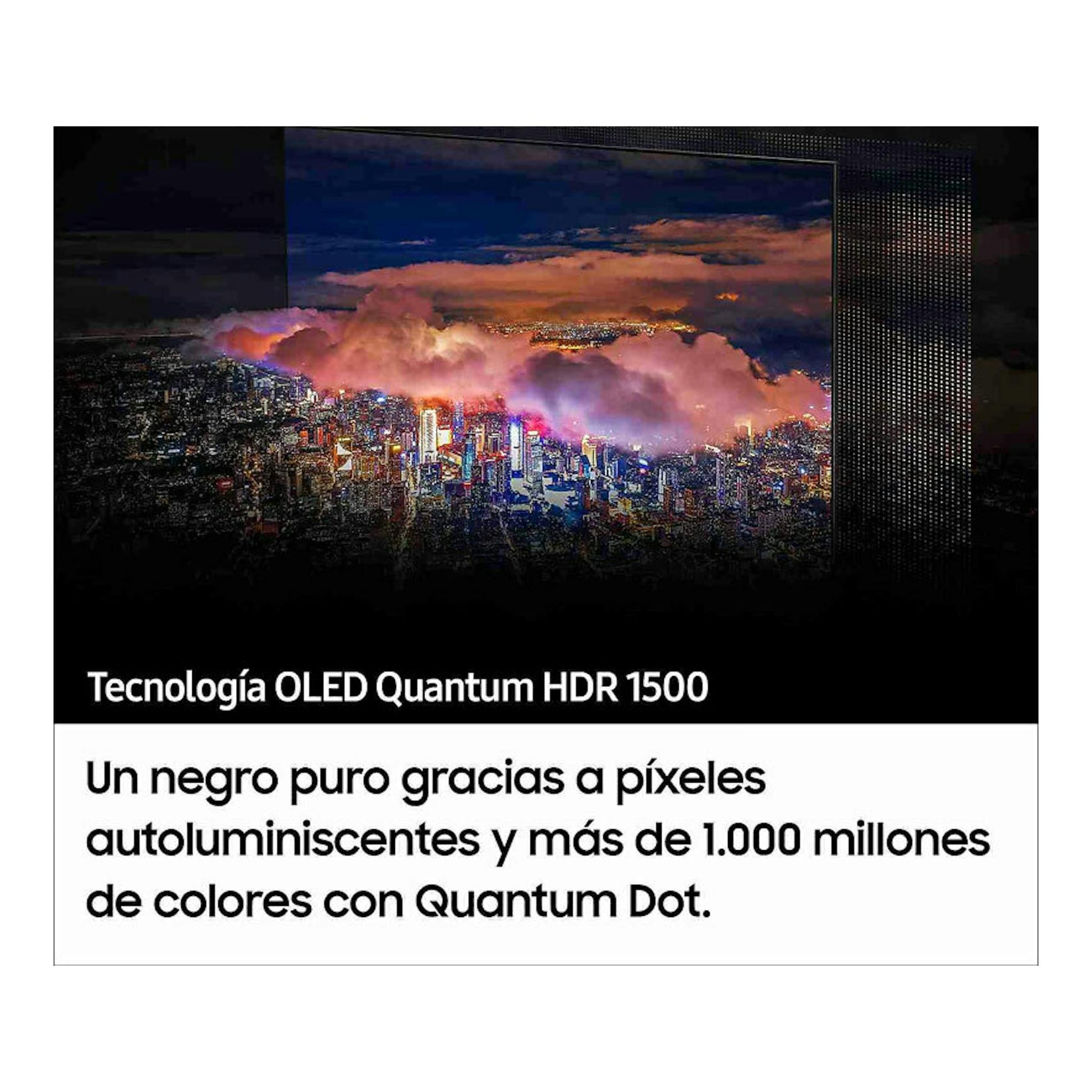 Samsung TQ65S90CATXXC: TV OLED 4K frontal con ciudad nocturna y texto sobre Quantum HDR 1500.