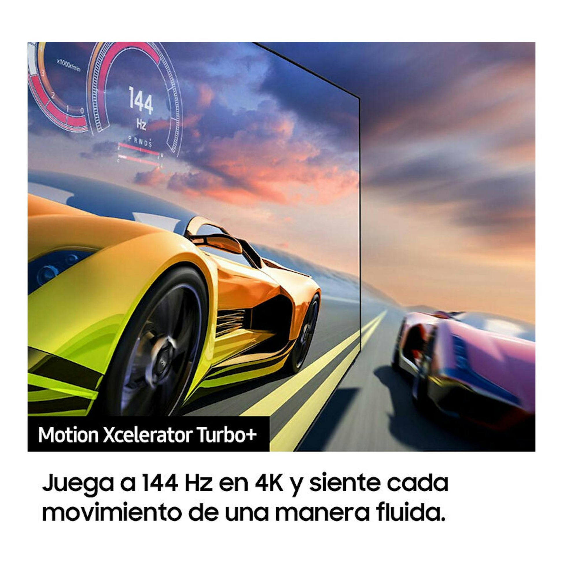 Samsung TQ65S90CATXXC: TV en ángulo con coches de carreras en pantalla y texto “Motion Xcelerator Turbo+”.