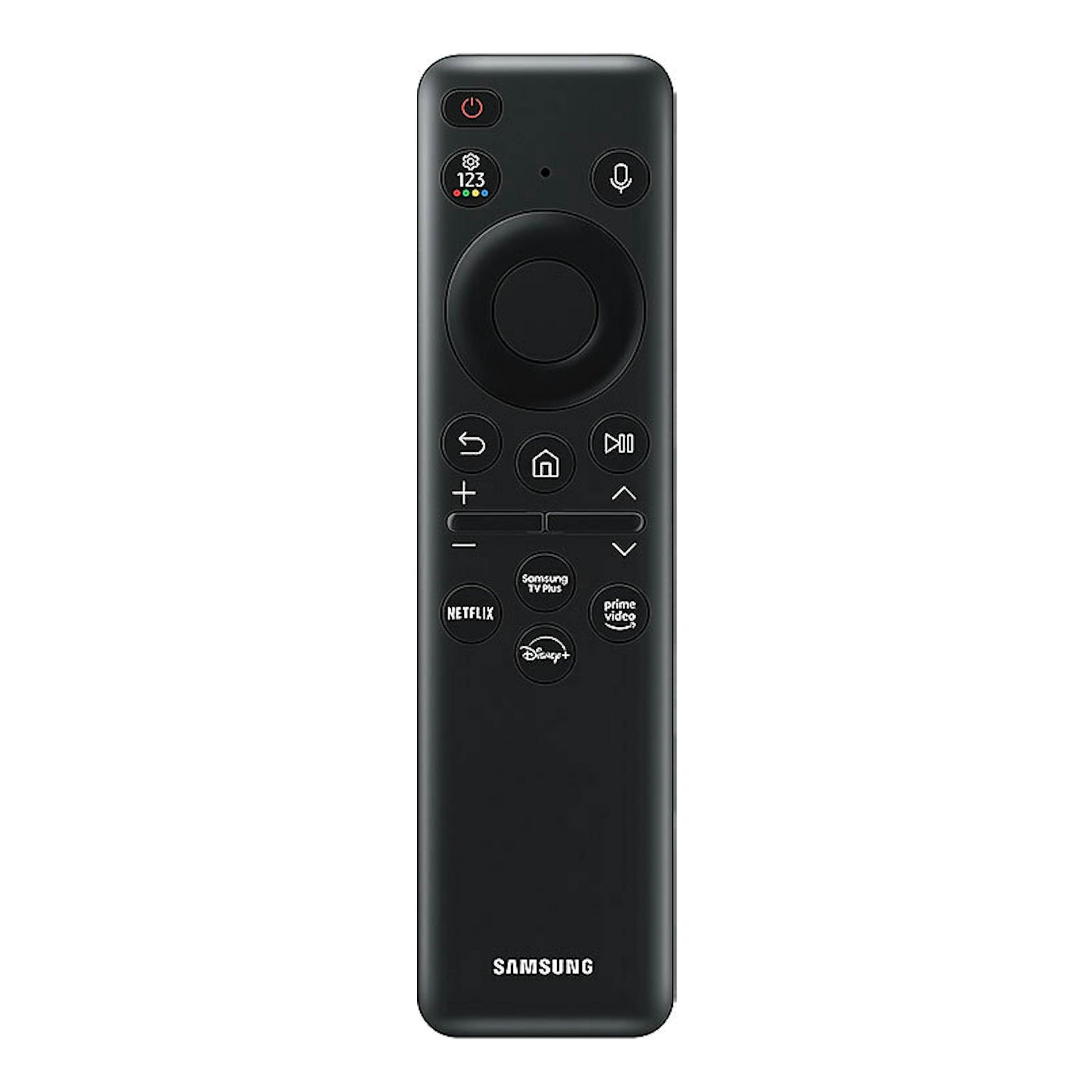 Mando a distancia Samsung negro, vista frontal, con botones circulares y accesos a Netflix y Prime Video.