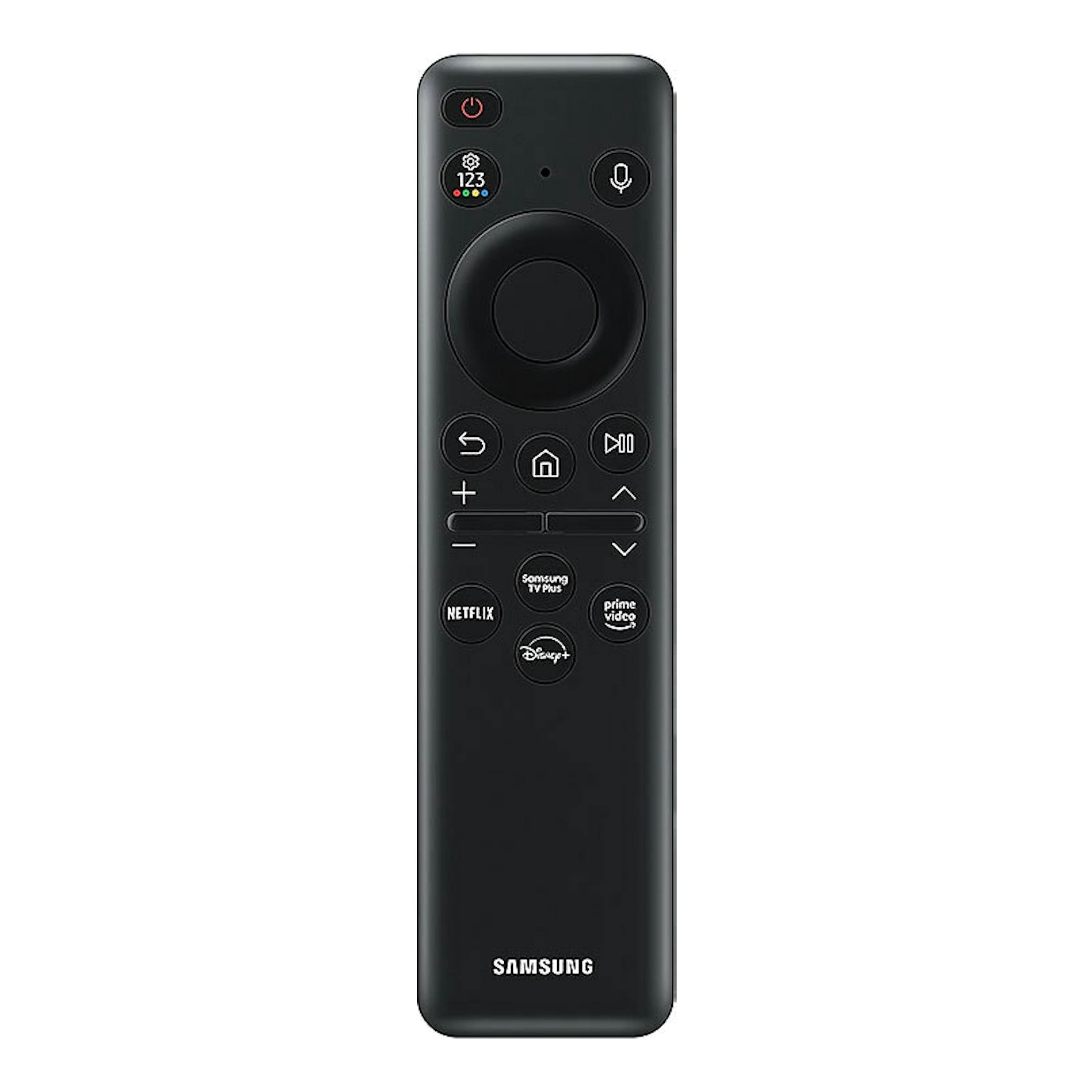 Mando a distancia Samsung negro, vista frontal, con botones circulares y accesos a Netflix y Prime Video.