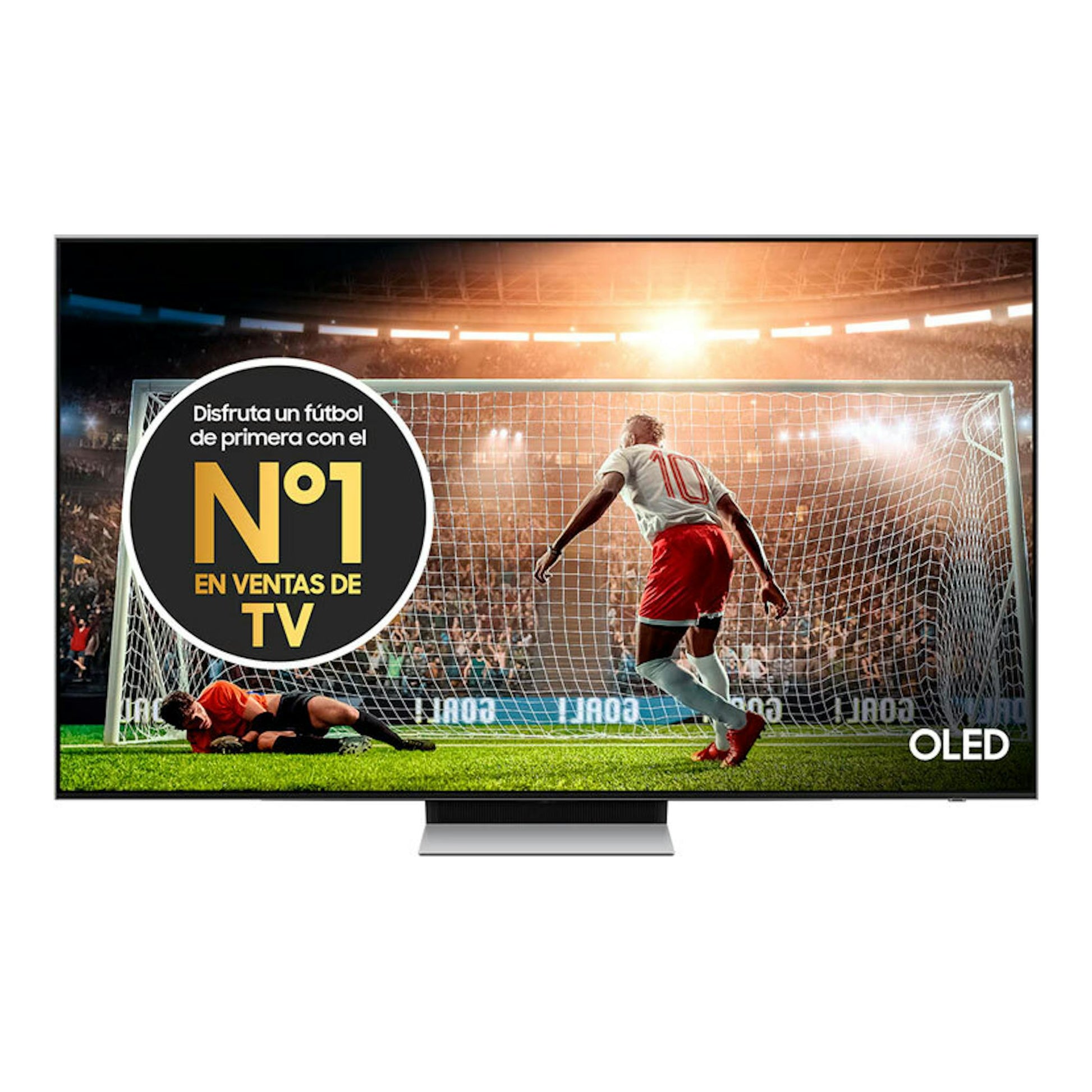 TV Samsung TQ65S93DATXXC OLED 4K de 65", vista frontal, con partido de fútbol en pantalla.