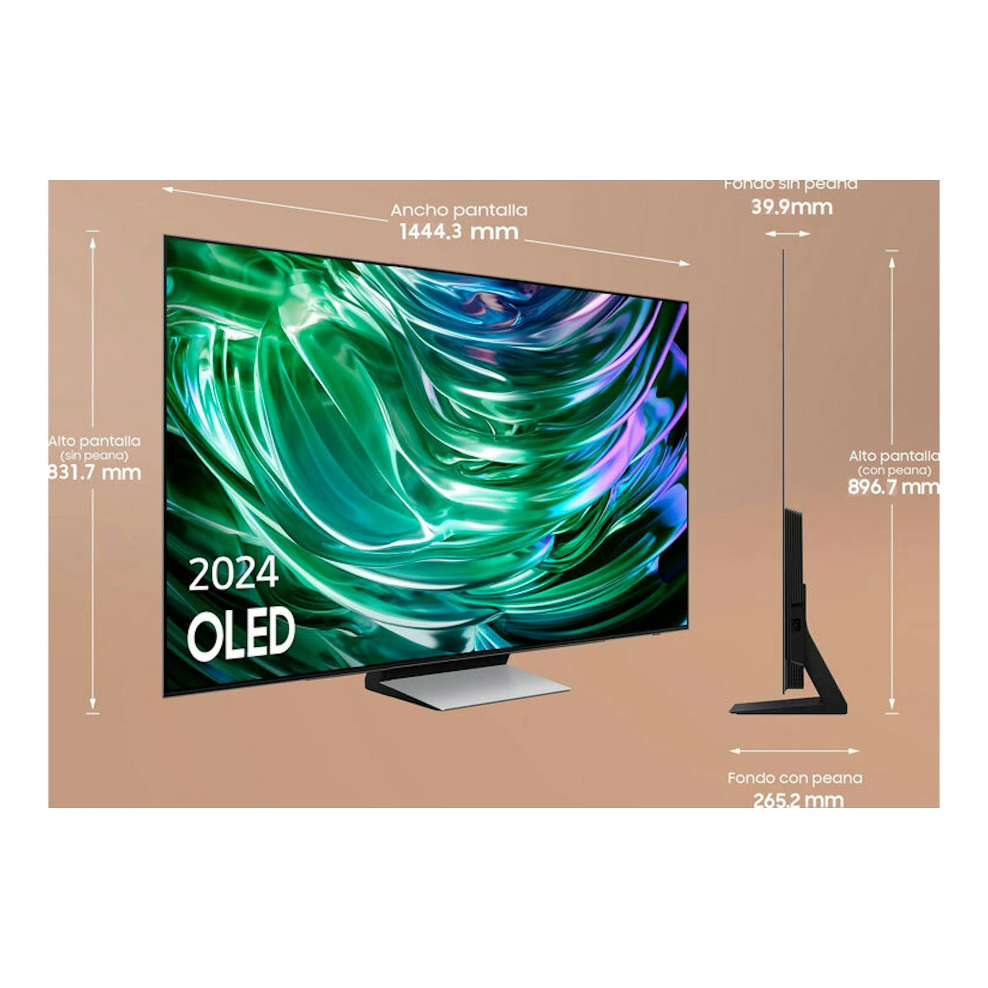 Samsung TQ65S93DATXXC, TV OLED 4K de 65", vista frontal y lateral, con base plateada y fondo beige.