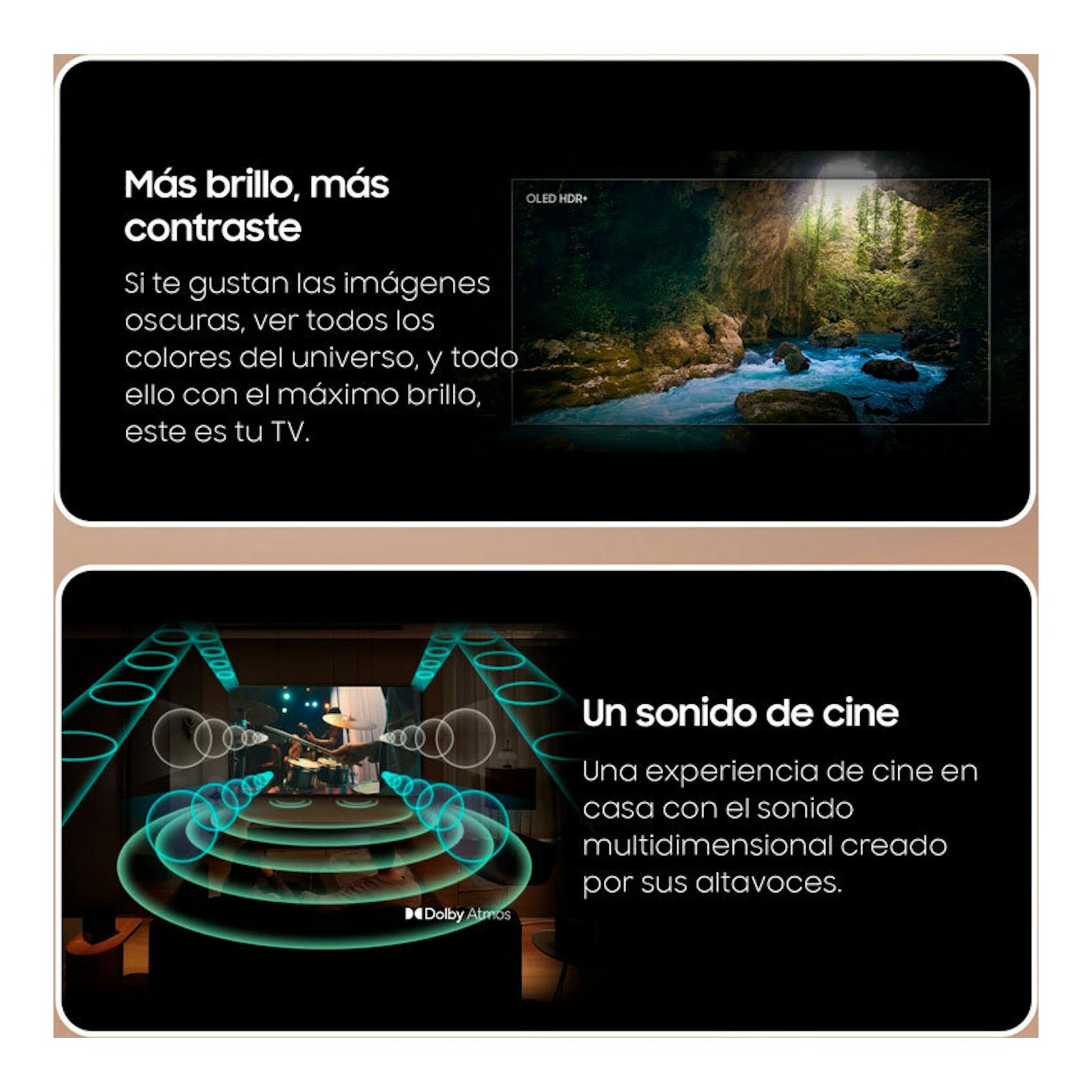 Gráfico promocional del Samsung TQ65S93DATXXC OLED 4K de 65", con brillo/contraste y sonido Dolby Atmos.