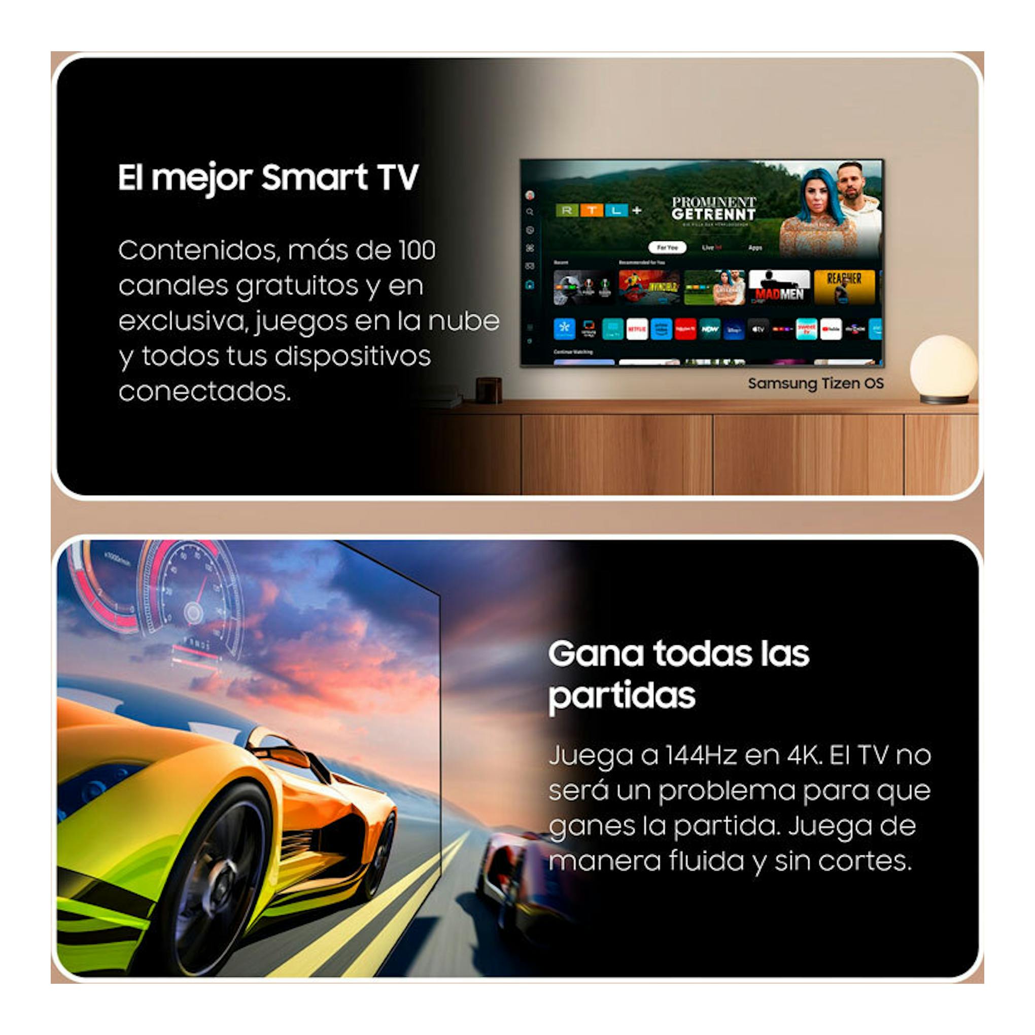 Samsung TQ65S93DATXXC, TV OLED 4K de 65 pulgadas, vista frontal en un salón con interfaz Tizen OS.
