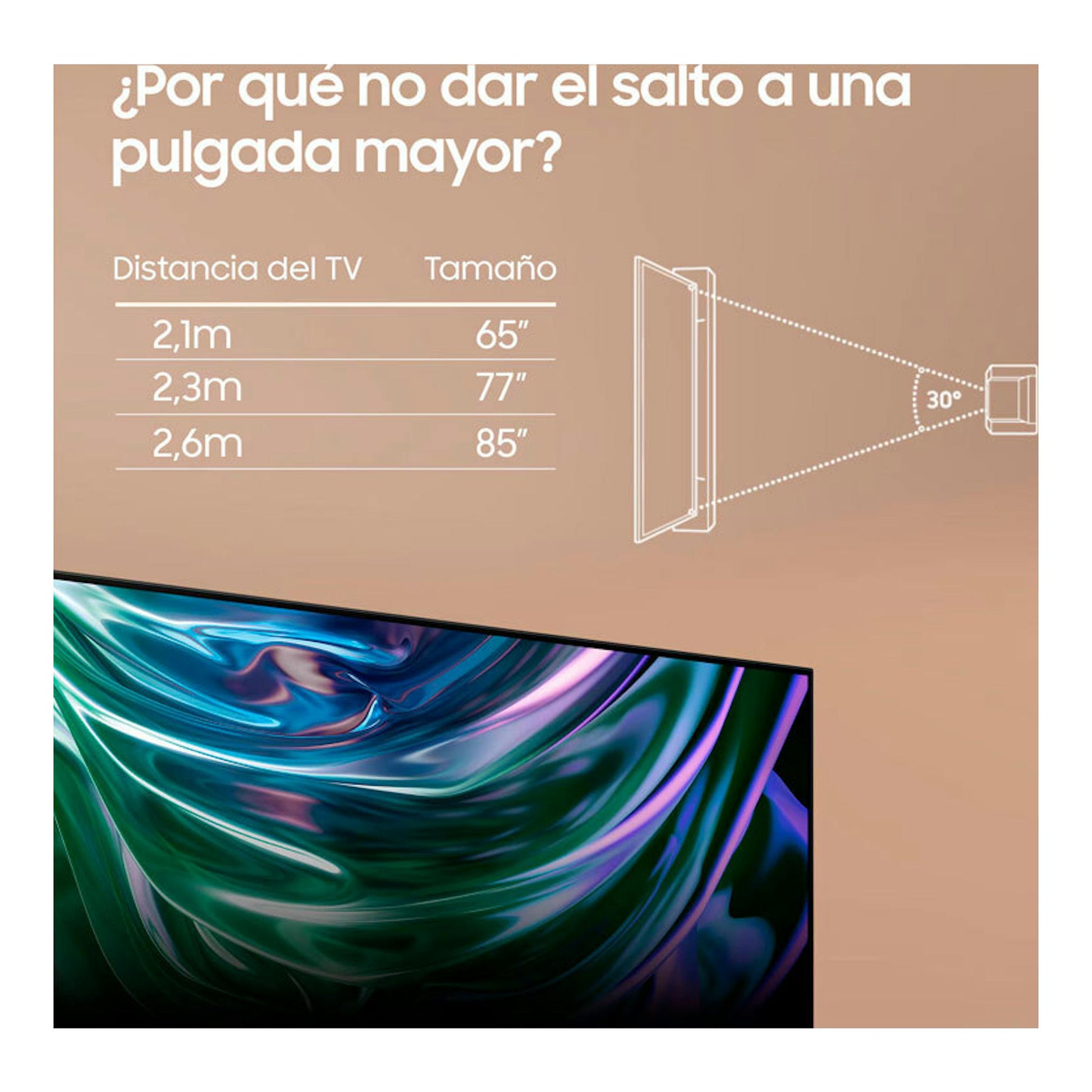 Samsung TQ65S93DATXXC OLED 4K de 65" en un gráfico con tabla de distancias y una TV inclinada.