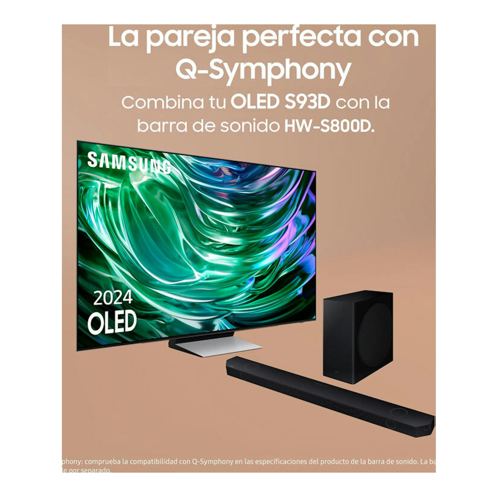 Samsung OLED S93D de 65", vista frontal-izquierda, junto a barra de sonido HW-S800D y subwoofer.