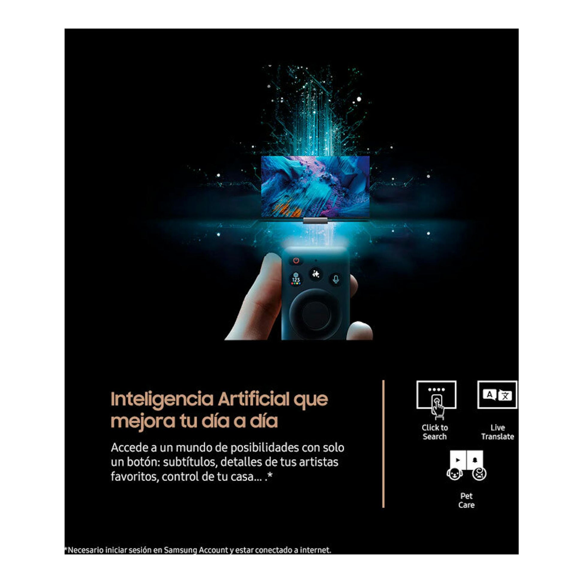 Anuncio de Samsung TQ65S95FATXXC OLED 4K con mando a distancia y pantalla abstracta con iconos de IA.