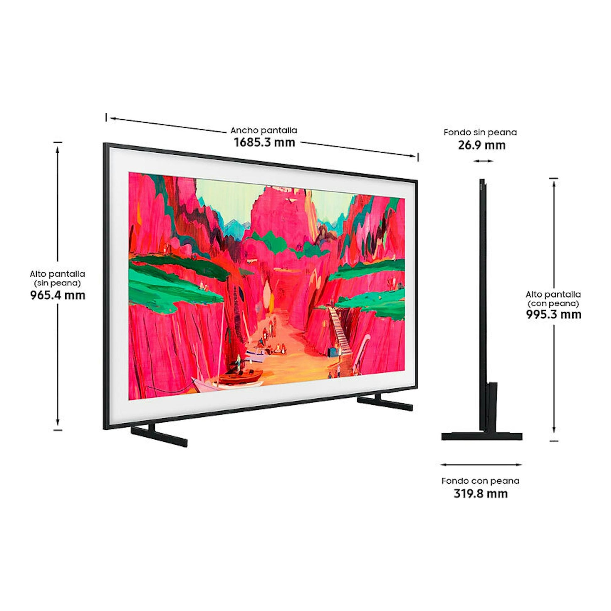 Televisor Samsung TQ75LS03FWUXXC NeoQLED 4K 75" en vistas frontal y lateral, con medidas y peana.