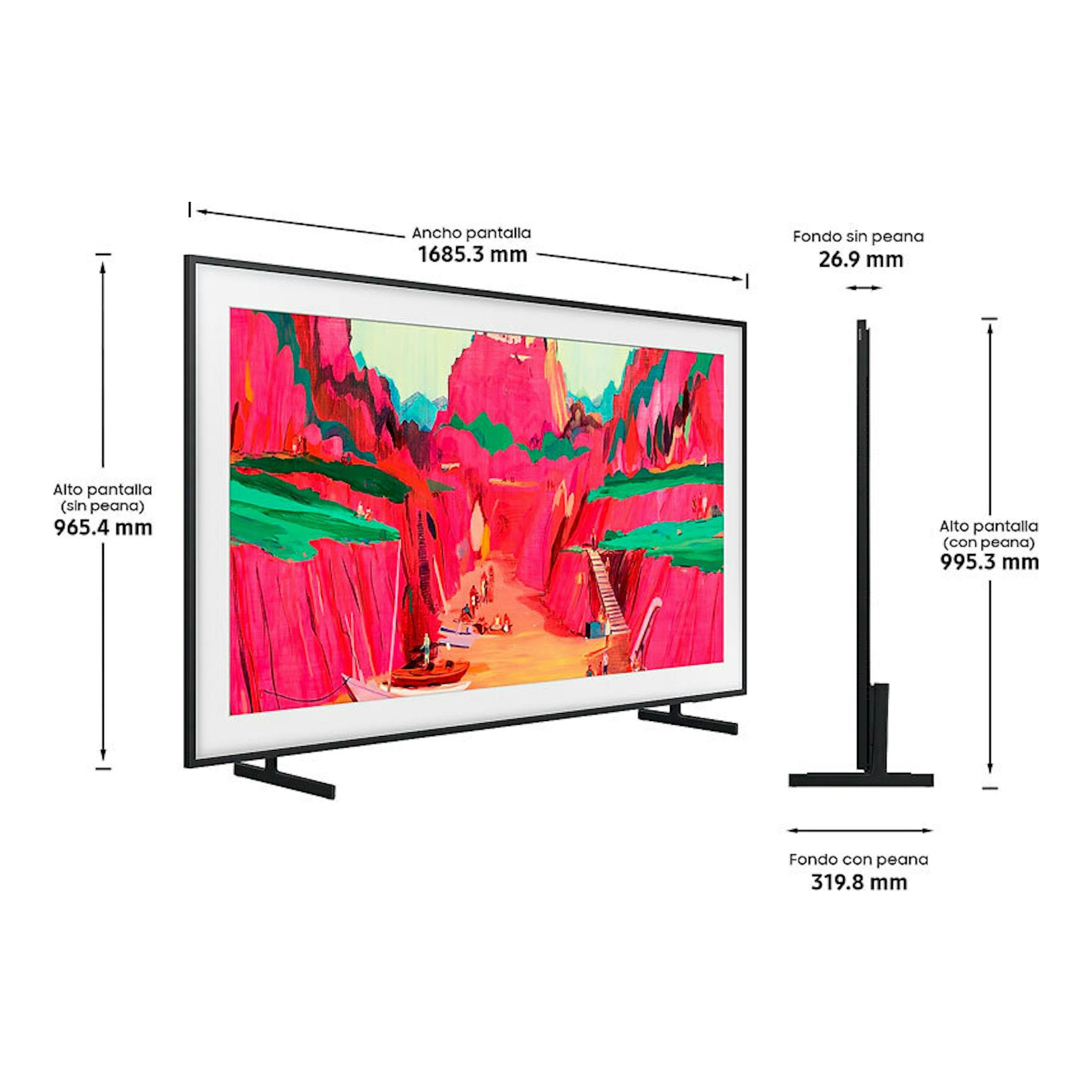 Televisor Samsung TQ75LS03FWUXXC NeoQLED 4K 75" en vistas frontal y lateral, con medidas y peana.