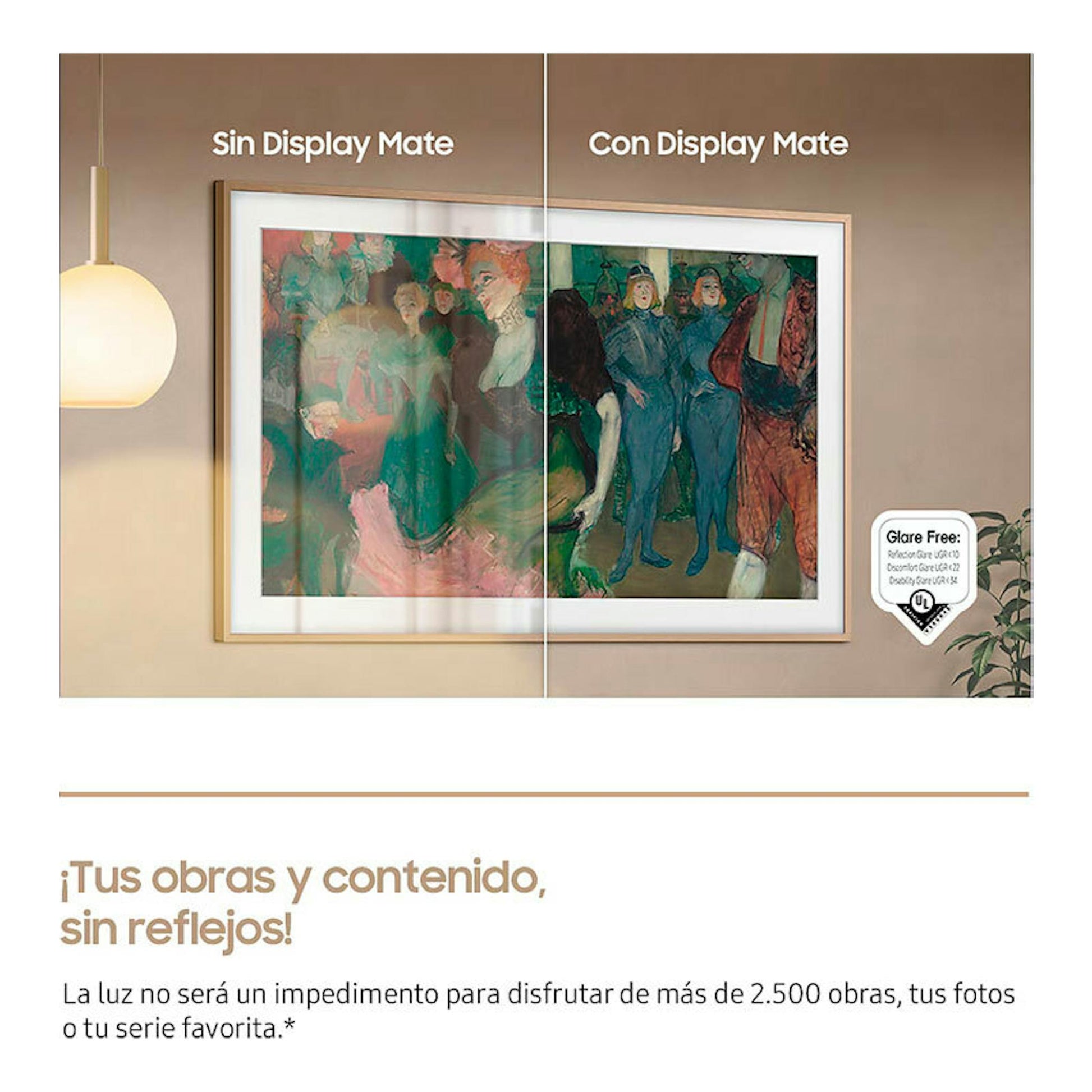 Comparativa frontal de TV Samsung TQ75LS03FWUXXC NeoQLED 4K 75" con y sin reflejos.