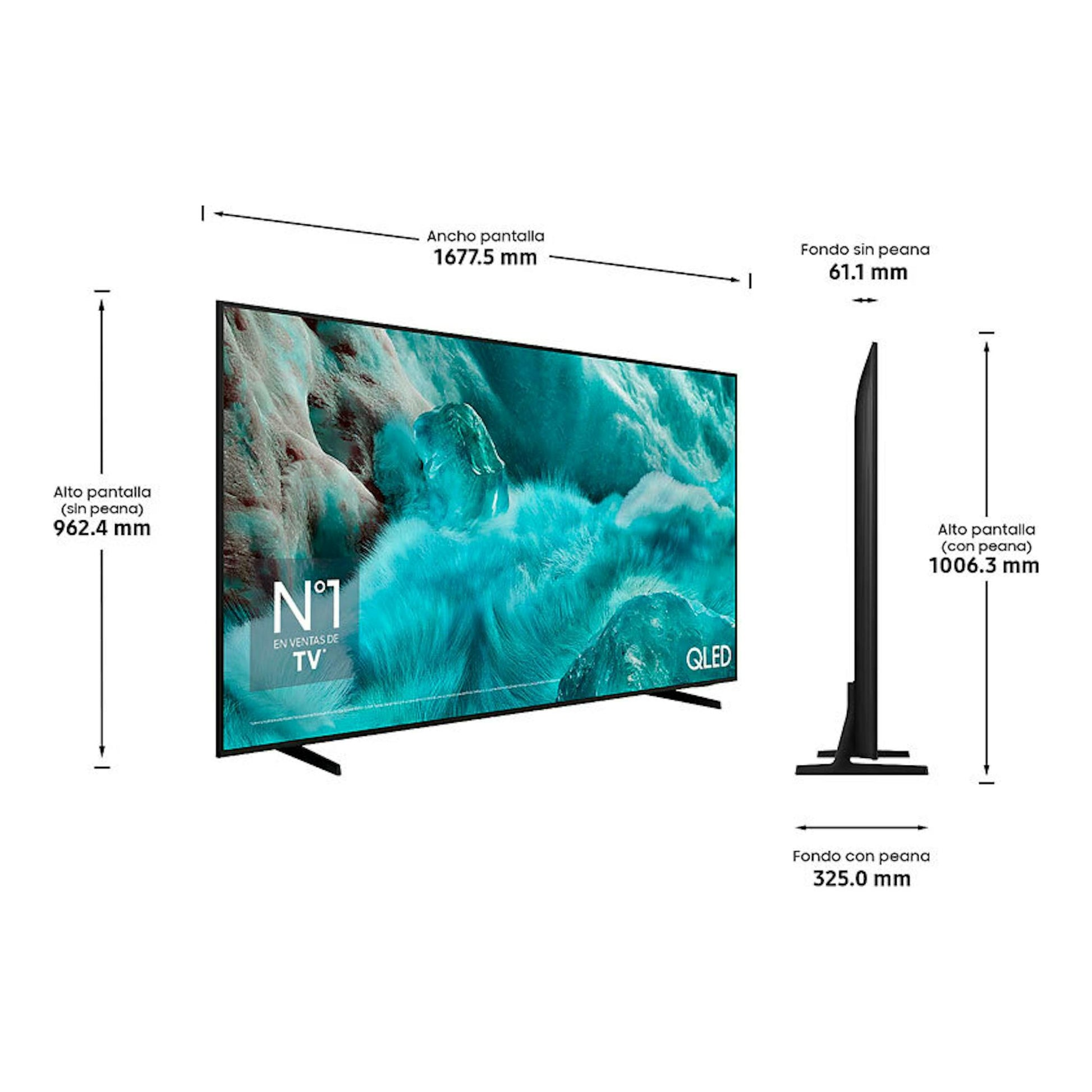 TV Samsung TQ75Q7FAAUXXC QLED 4K de 75", vista frontal y lateral en negro con medidas de pantalla.