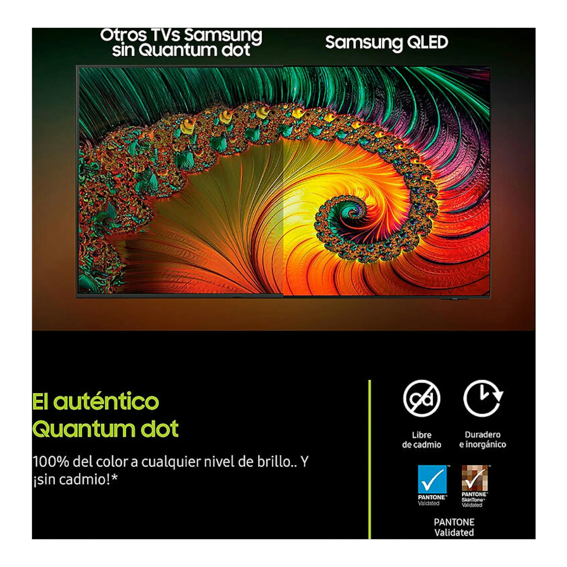 Samsung QLED TQ75Q7FAAUXXC, televisor en vista frontal con imagen abstracta multicolor y texto promocional.
