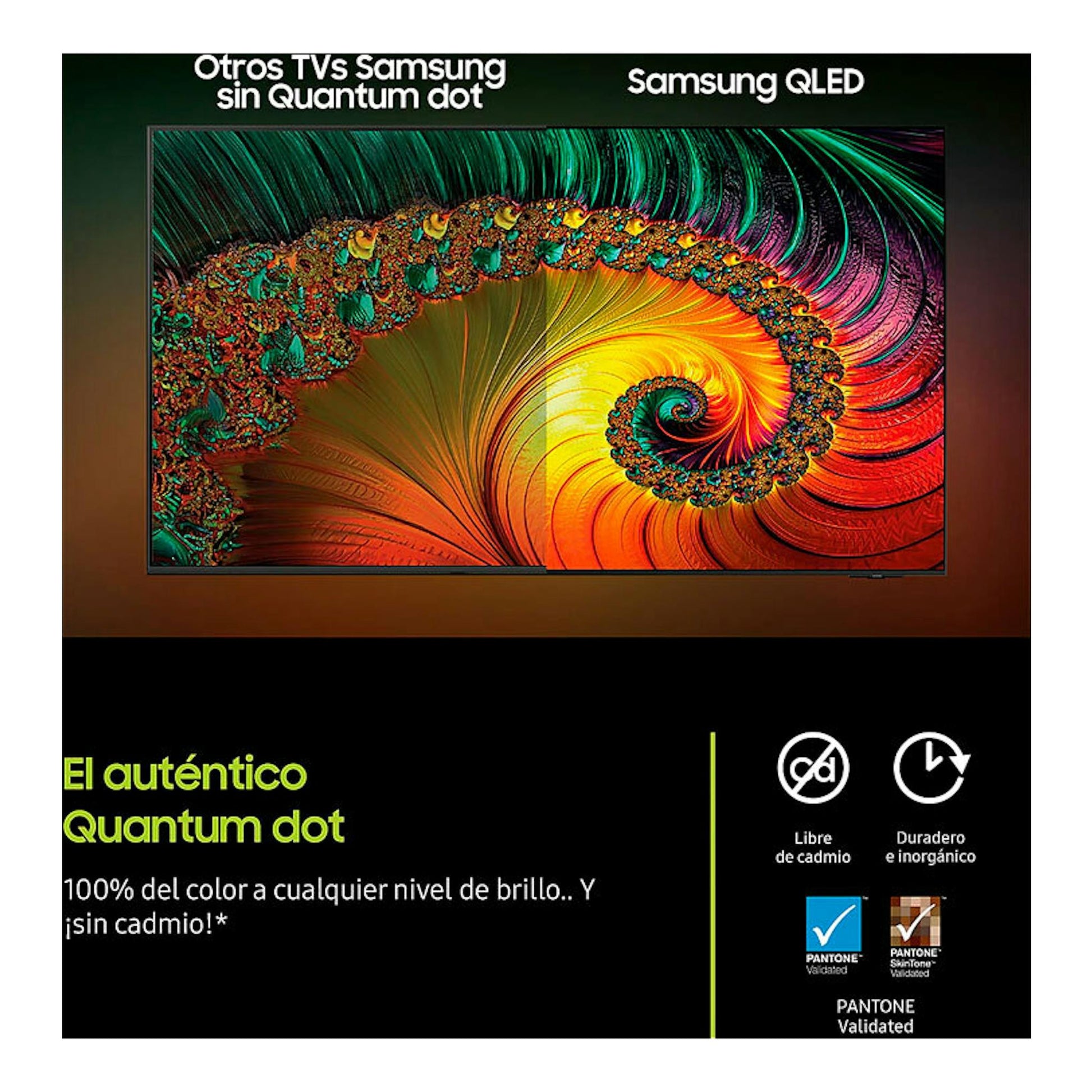 Póster de un televisor Samsung QLED de frente con imagen fractal multicolor y fondo negro.