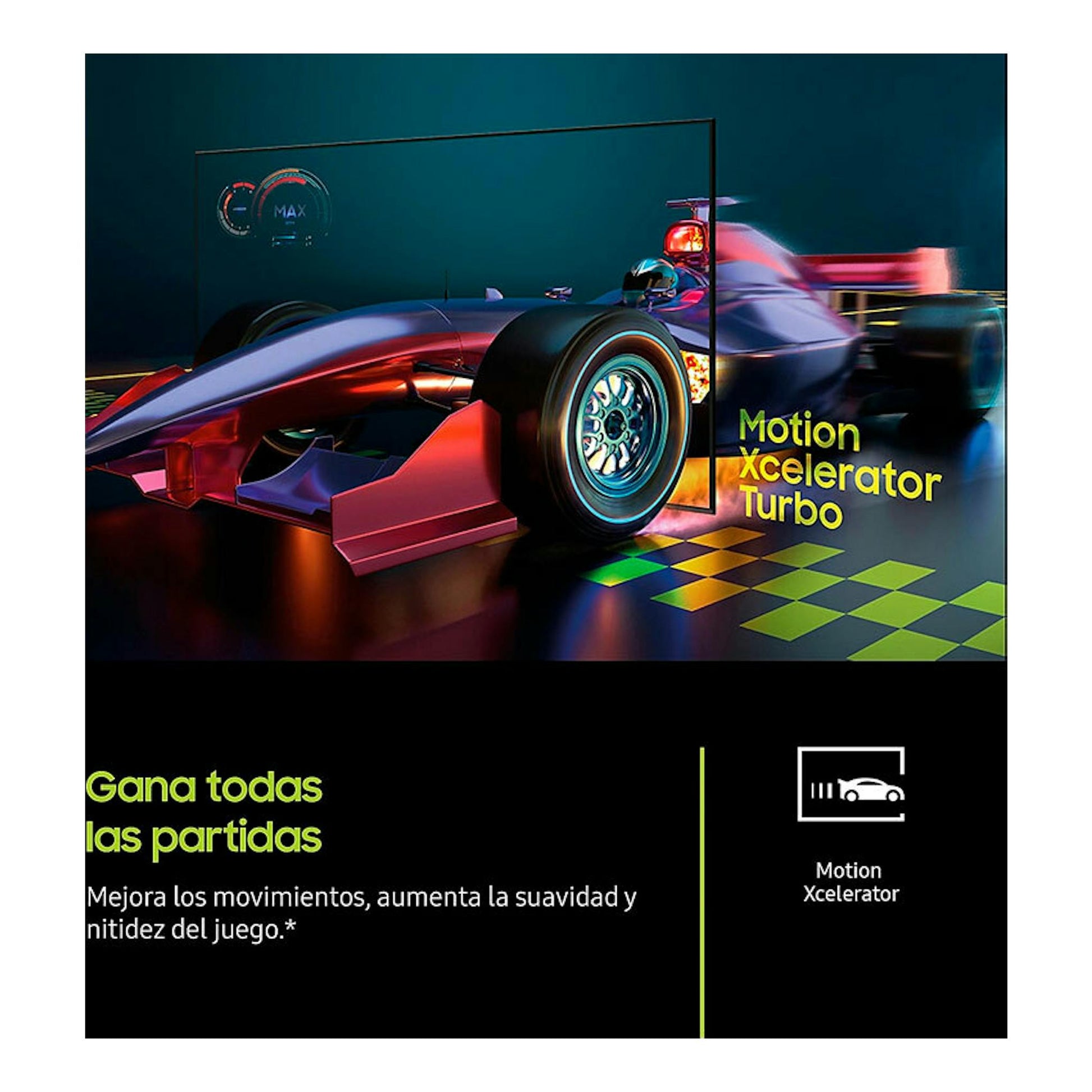 Samsung TQ75Q8FAAUXXC QLED 4K de 75", imagen promocional con coche de F1 y texto Motion Xcelerator Turbo.