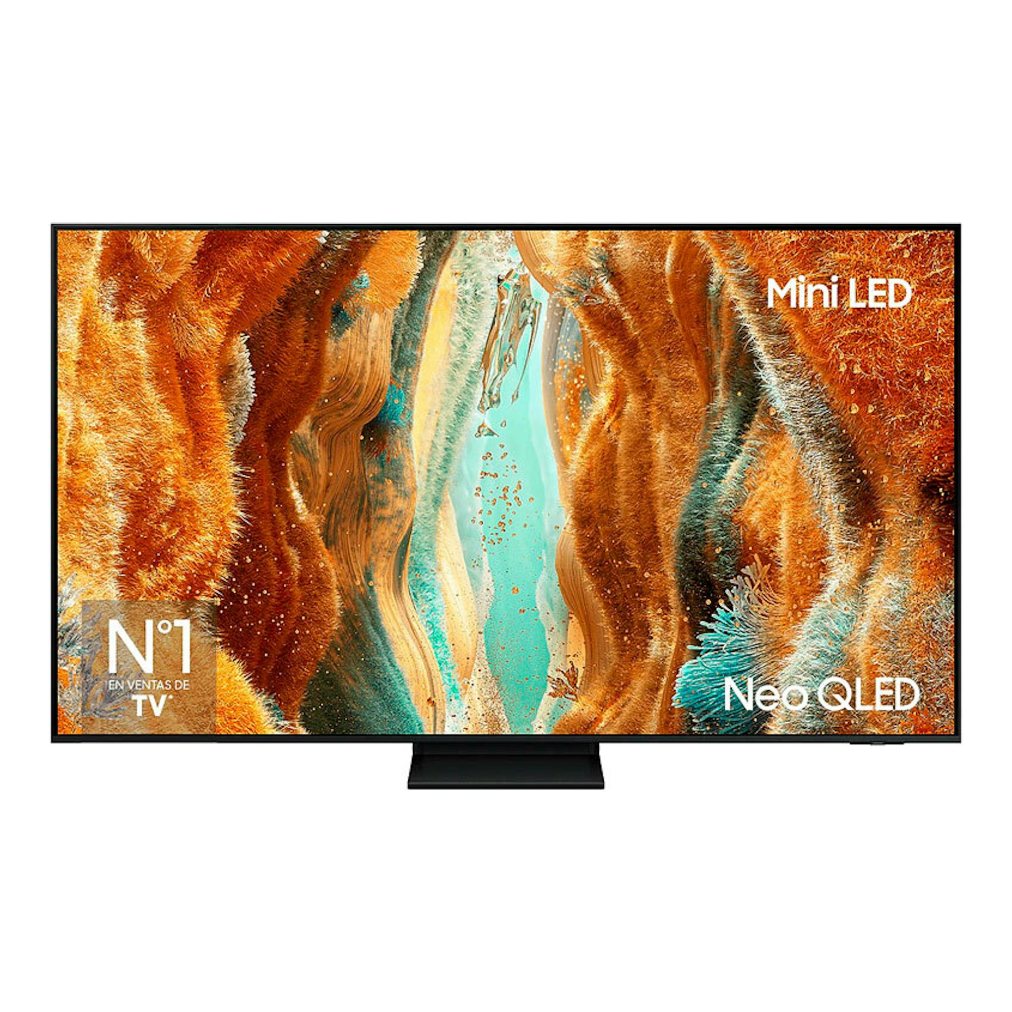 Samsung TQ75QN70FAUXXC Neo QLED 75 pulgadas, vista frontal de TV negra con pantalla Mini LED.