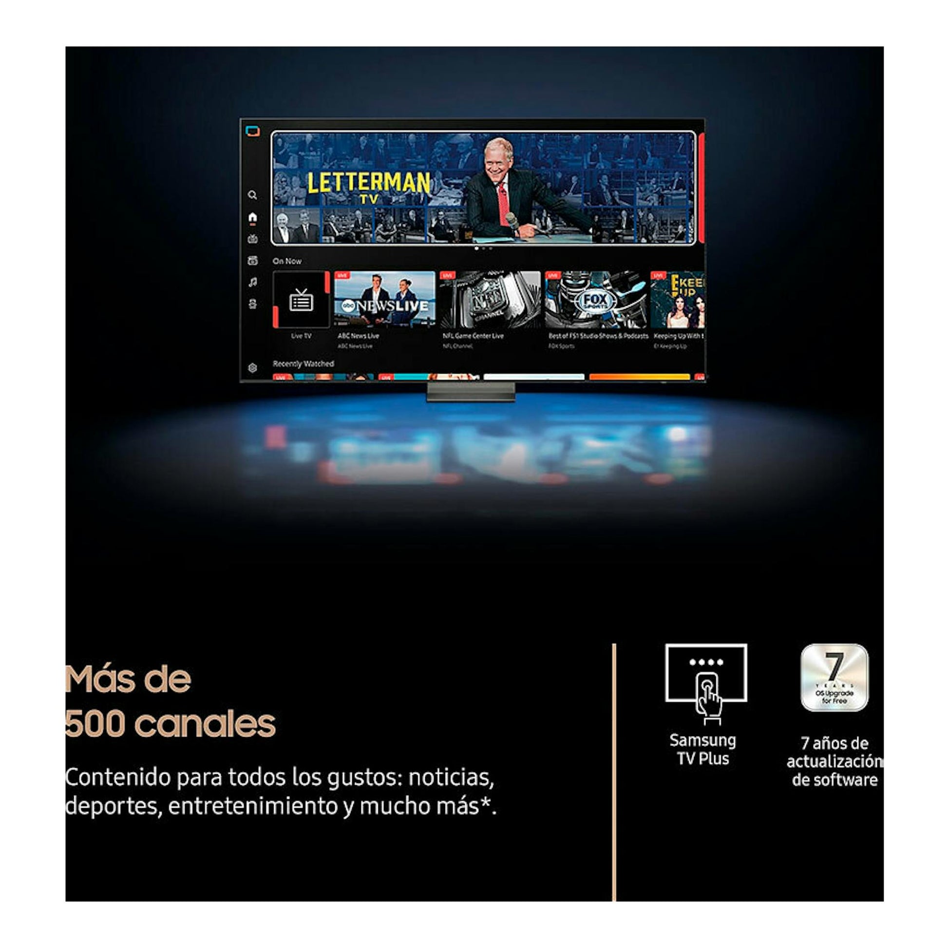 TV Samsung TQ75QN70FAUXXC Neo QLED 4K 75", vista frontal sobre fondo negro e interfaz de canales.