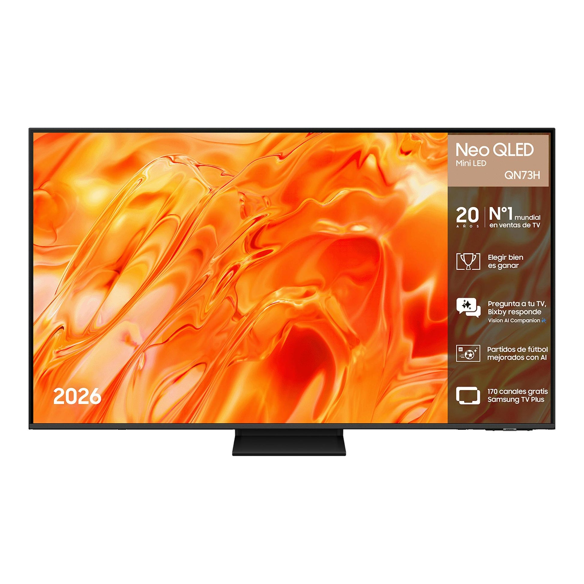 TV Samsung Neo QLED QN73H, vista frontal, pantalla con fondo naranja y base central negra.