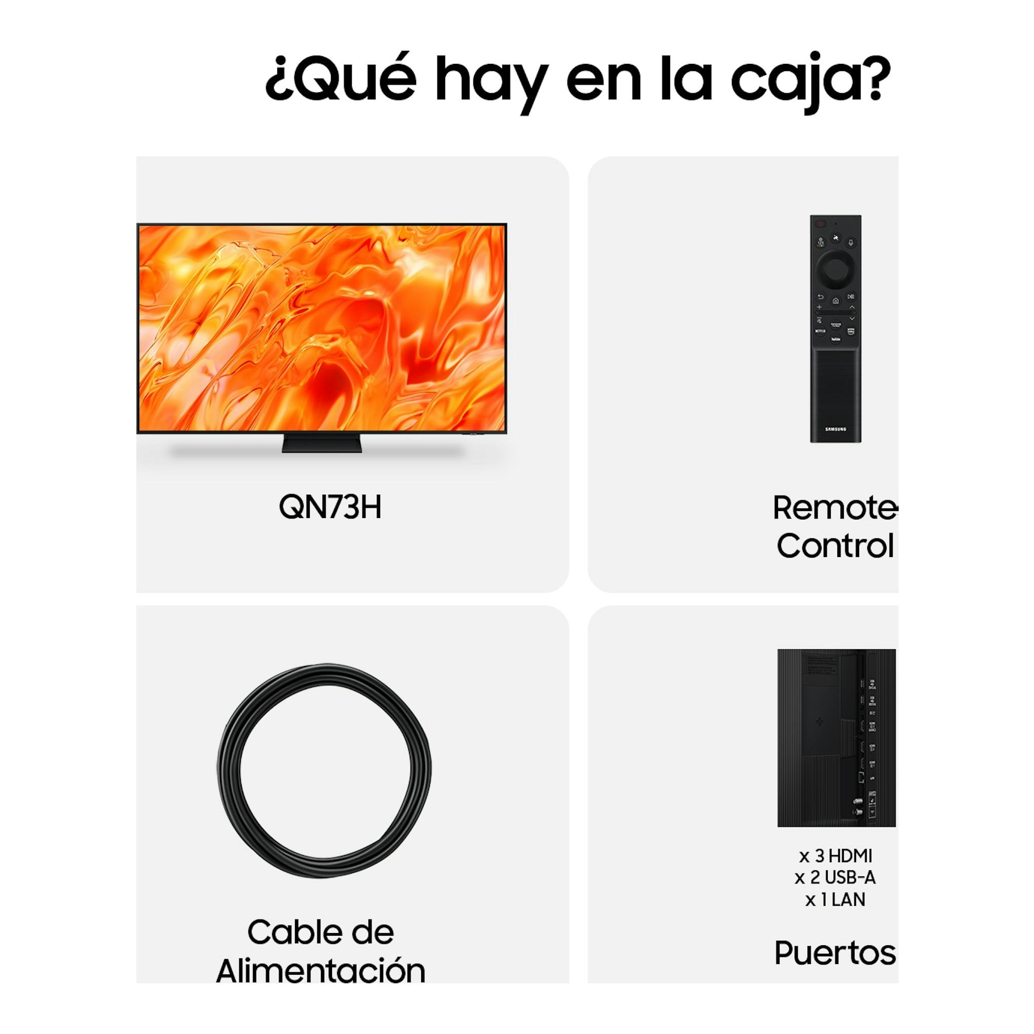 Infografía de Samsung QN73H con televisor, mando a distancia, cable de alimentación y puertos HDMI, USB y LAN.