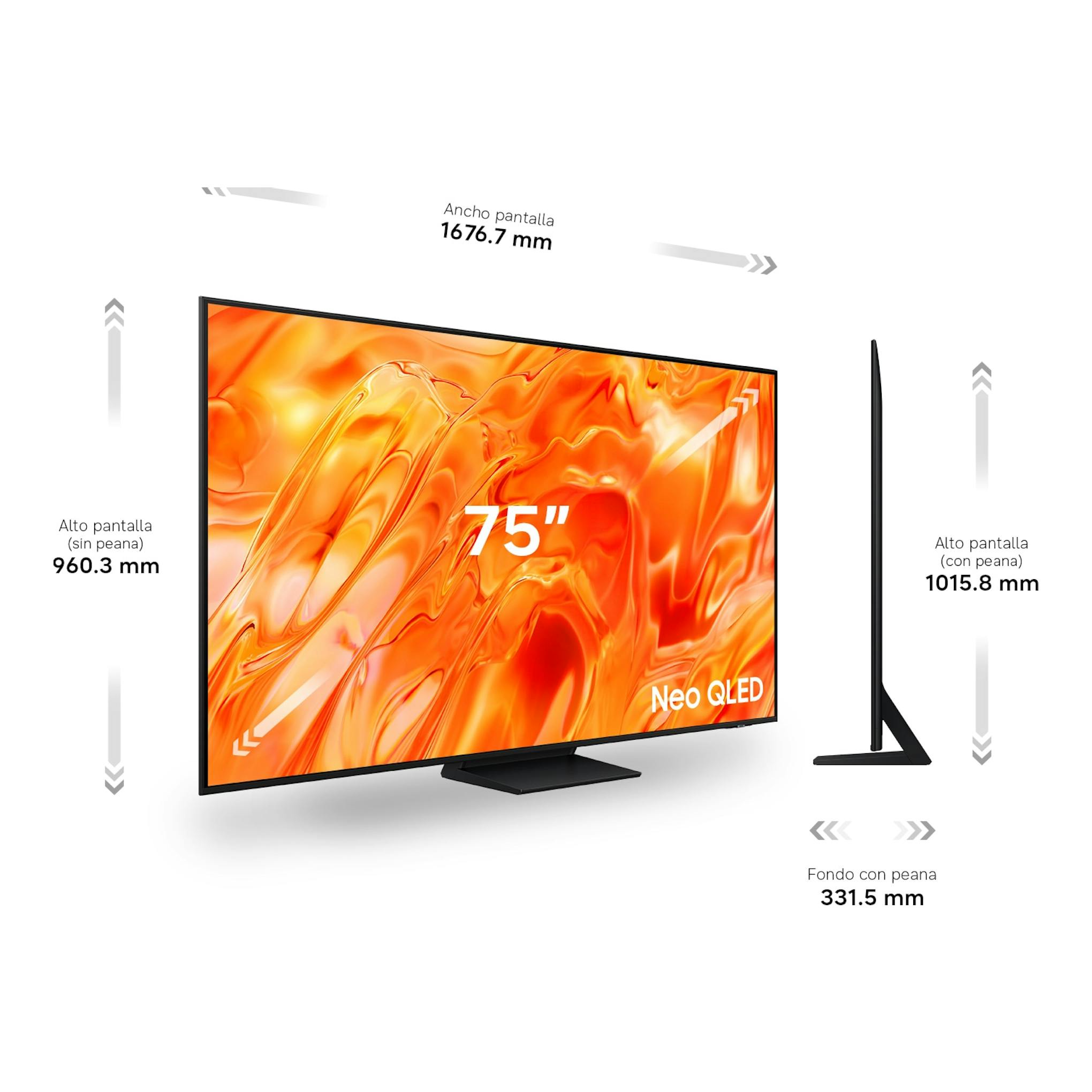 Samsung TQ75QN73HAUXXC TV Neo QLED de 75", vista frontal y lateral, pantalla negra con peana.
