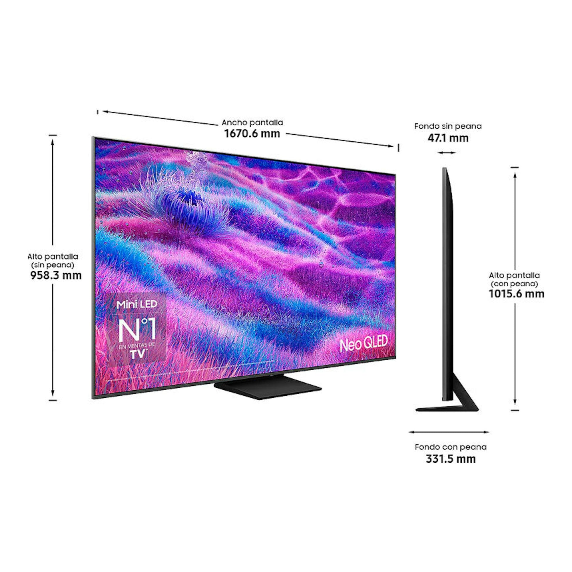 Samsung TQ75QN80FAUXXC Neo QLED 4K de 75”, TV negra en vista frontal y lateral con medidas y peana.