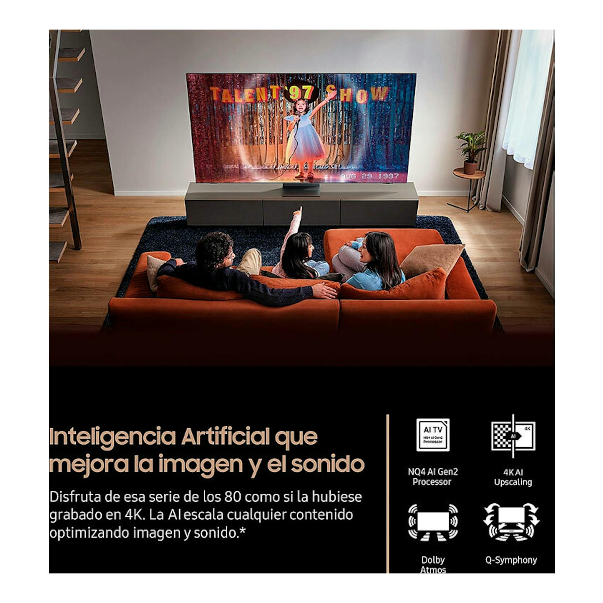Samsung TQ75QN80FAUXXC NeoQLED 4K de 75 pulgadas, vista frontal en un salón.