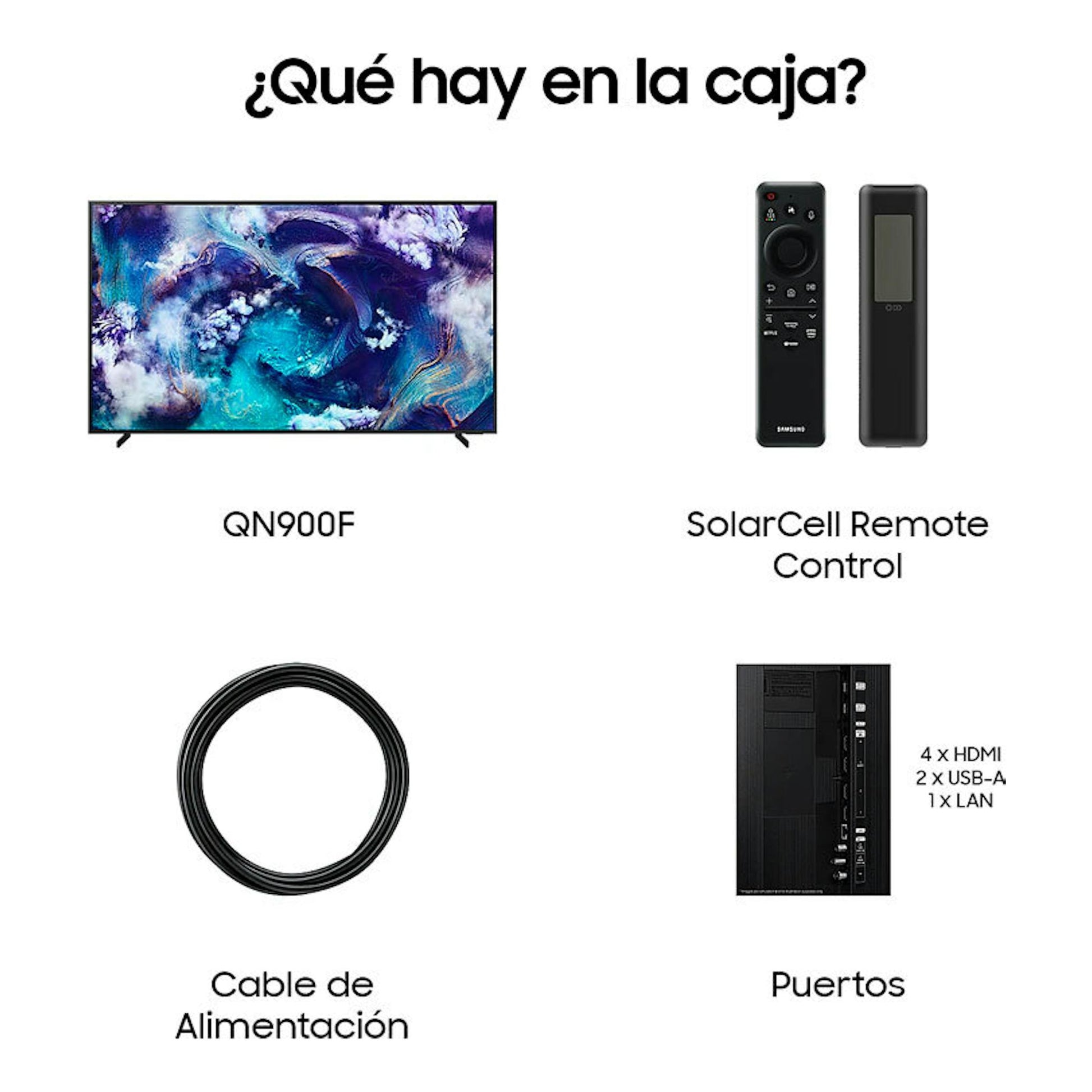 Infografía del Samsung QN900F: TV frontal, mando SolarCell, cable de alimentación y puertos.