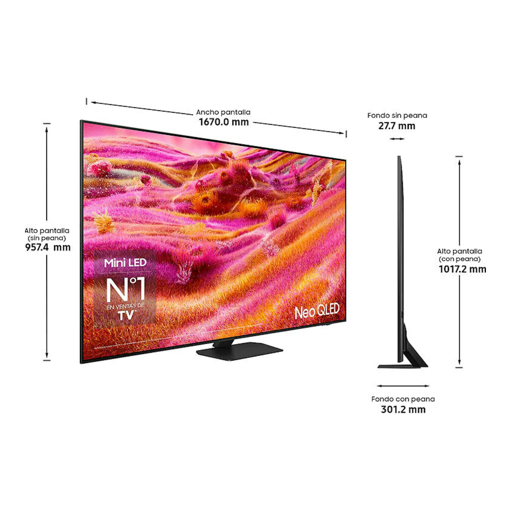 Samsung TQ75QN90FATXXC Neo QLED 4K de 75", vista frontal y lateral en negro con pantalla rosa y medidas.